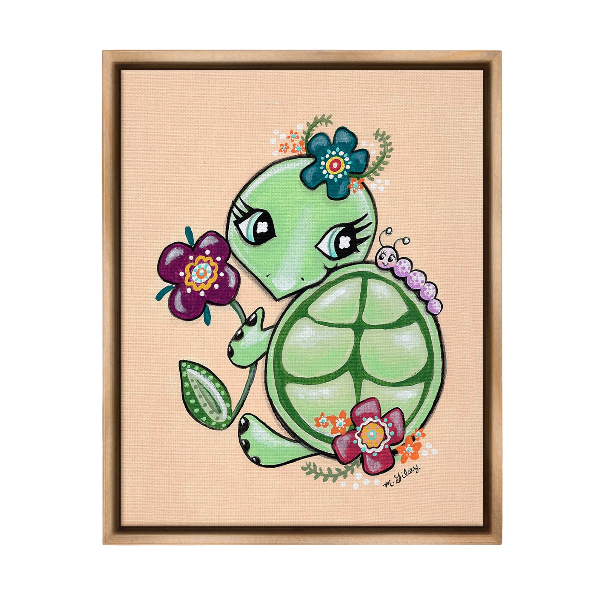 Stupell Industries Floral Blossom Turtle Animals & Insects Painting Brown Floater Framed Canvas Art Print Wall Art, 25 x 31