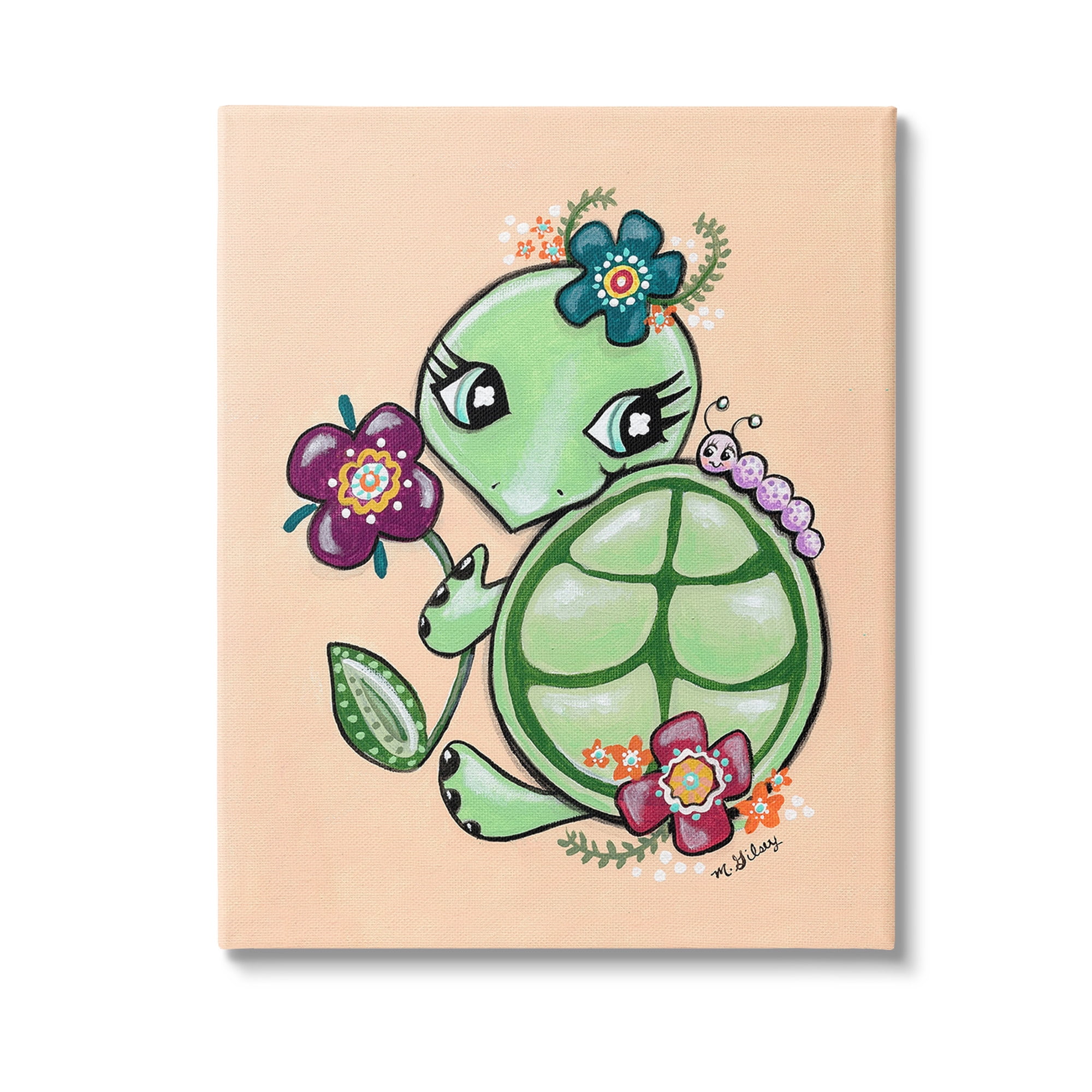 Stupell Industries Floral Blossom Turtle Animals & Insects Painting Gallery Wrapped Canvas Art Print Wall Art, 16 x 20