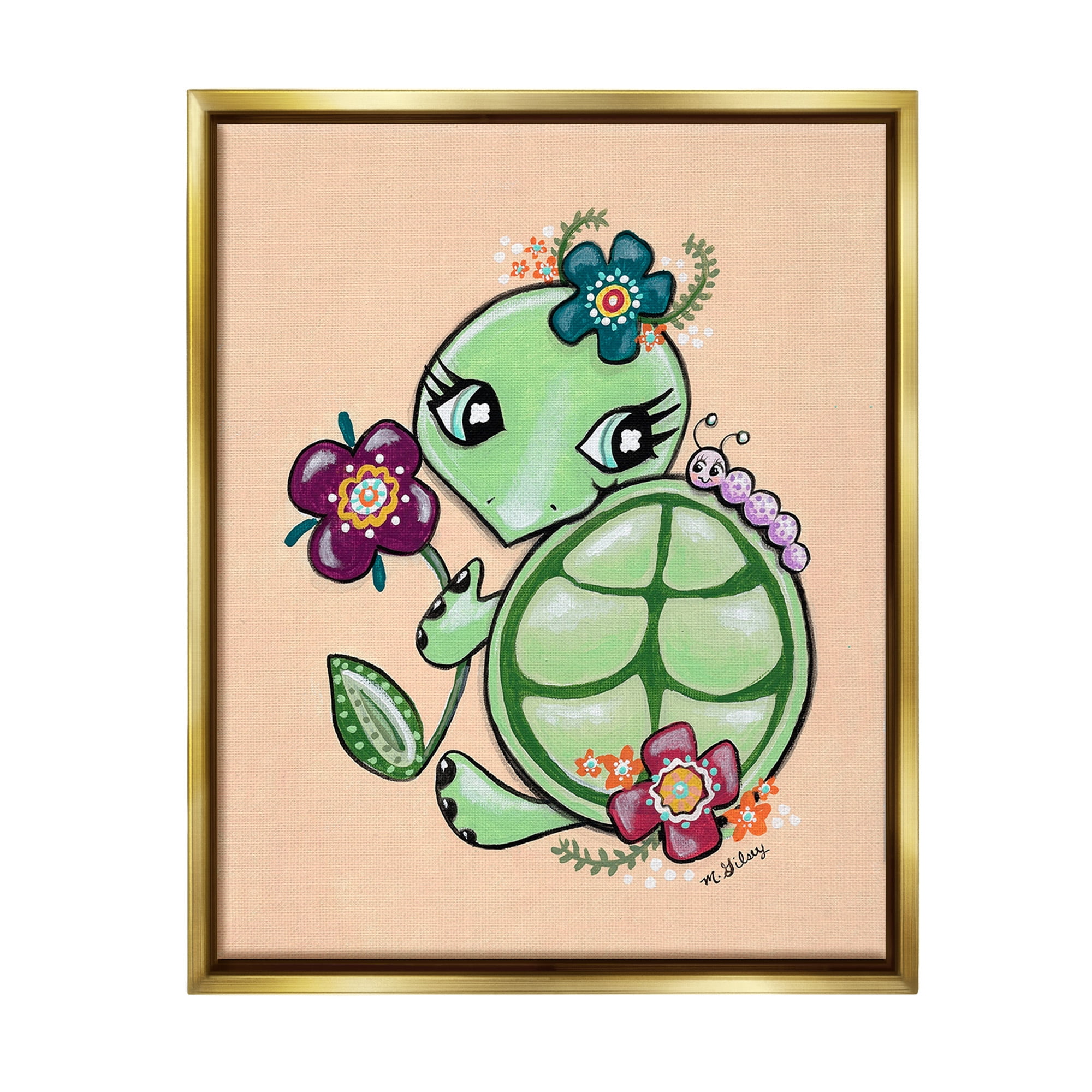 Stupell Industries Floral Blossom Turtle Animals & Insects Painting Gold Floater Framed Canvas Art Print Wall Art, 25 x 31