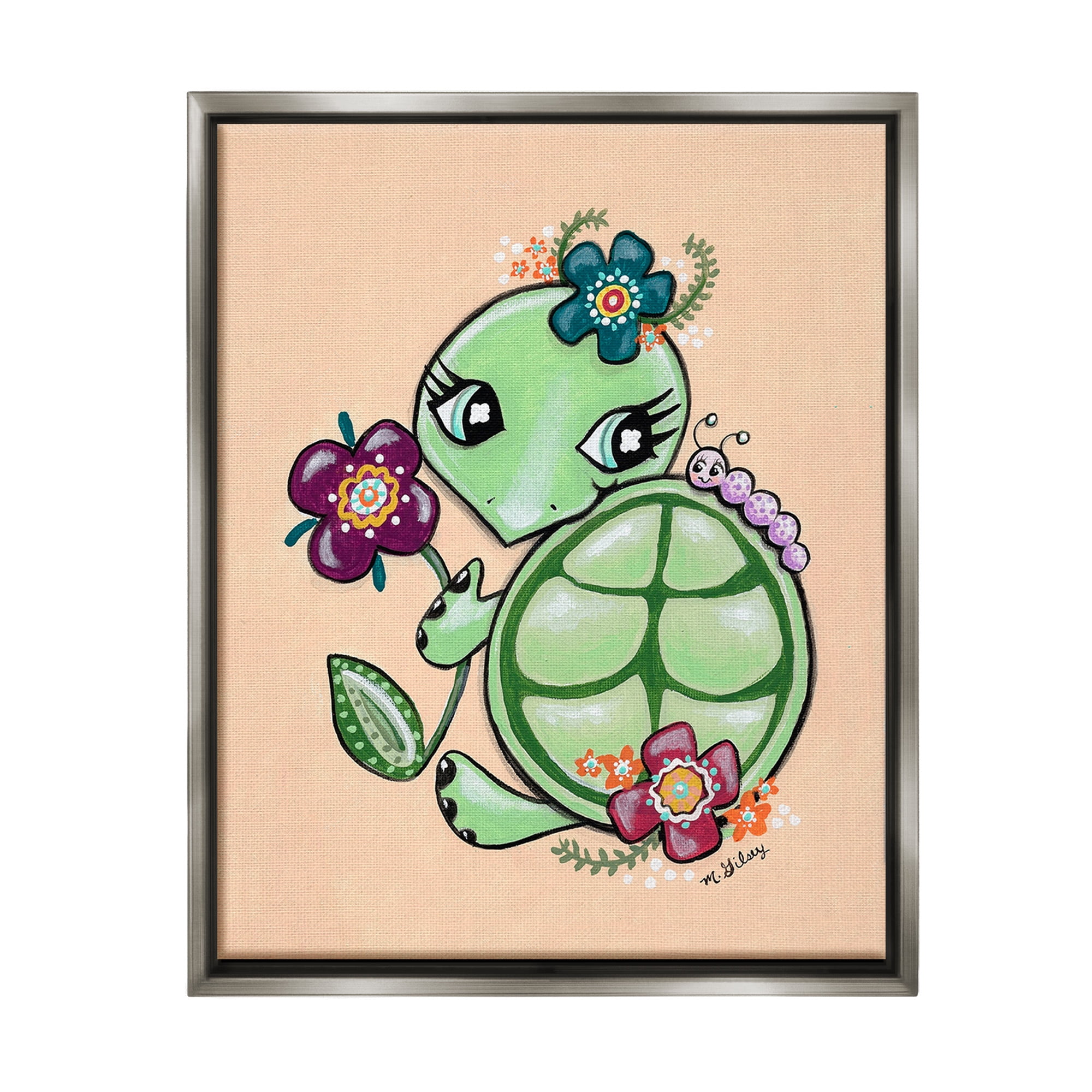 Stupell Industries Floral Blossom Turtle Animals & Insects Painting Gray Floater Framed Canvas Art Print Wall Art, 17 x 21