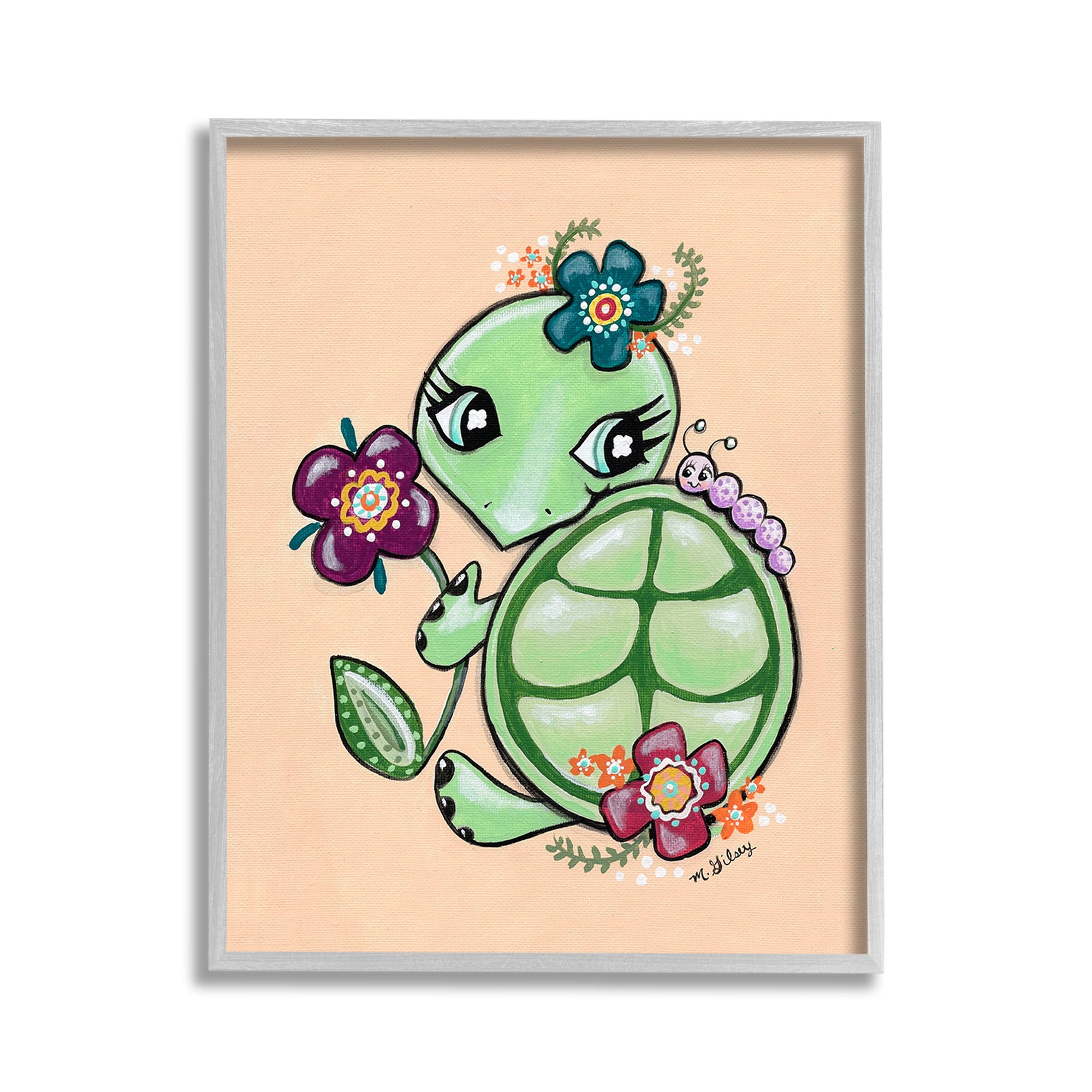 Stupell Industries Floral Blossom Turtle Animals & Insects Painting Gray Framed Art Print Wall Art, 11 x 14