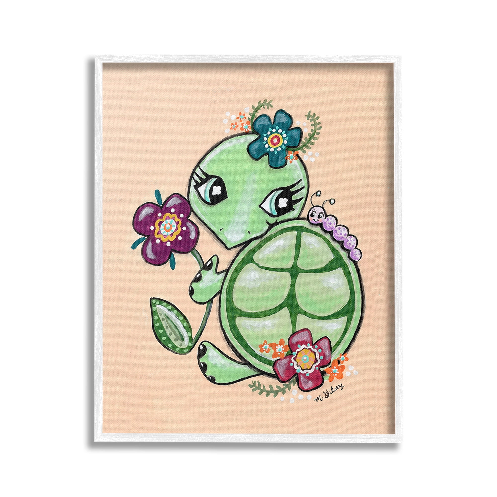 Stupell Industries Floral Blossom Turtle Animals & Insects Painting White Framed Art Print Wall Art, 24 x 30