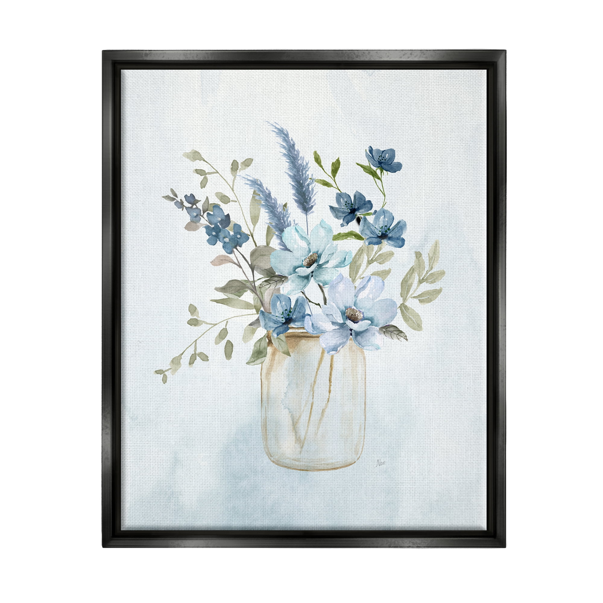 Stupell Industries Floral Blue Bouquet Botanical & Floral Painting Black Floater Framed Canvas Art Print Wall Art, 17 x 21