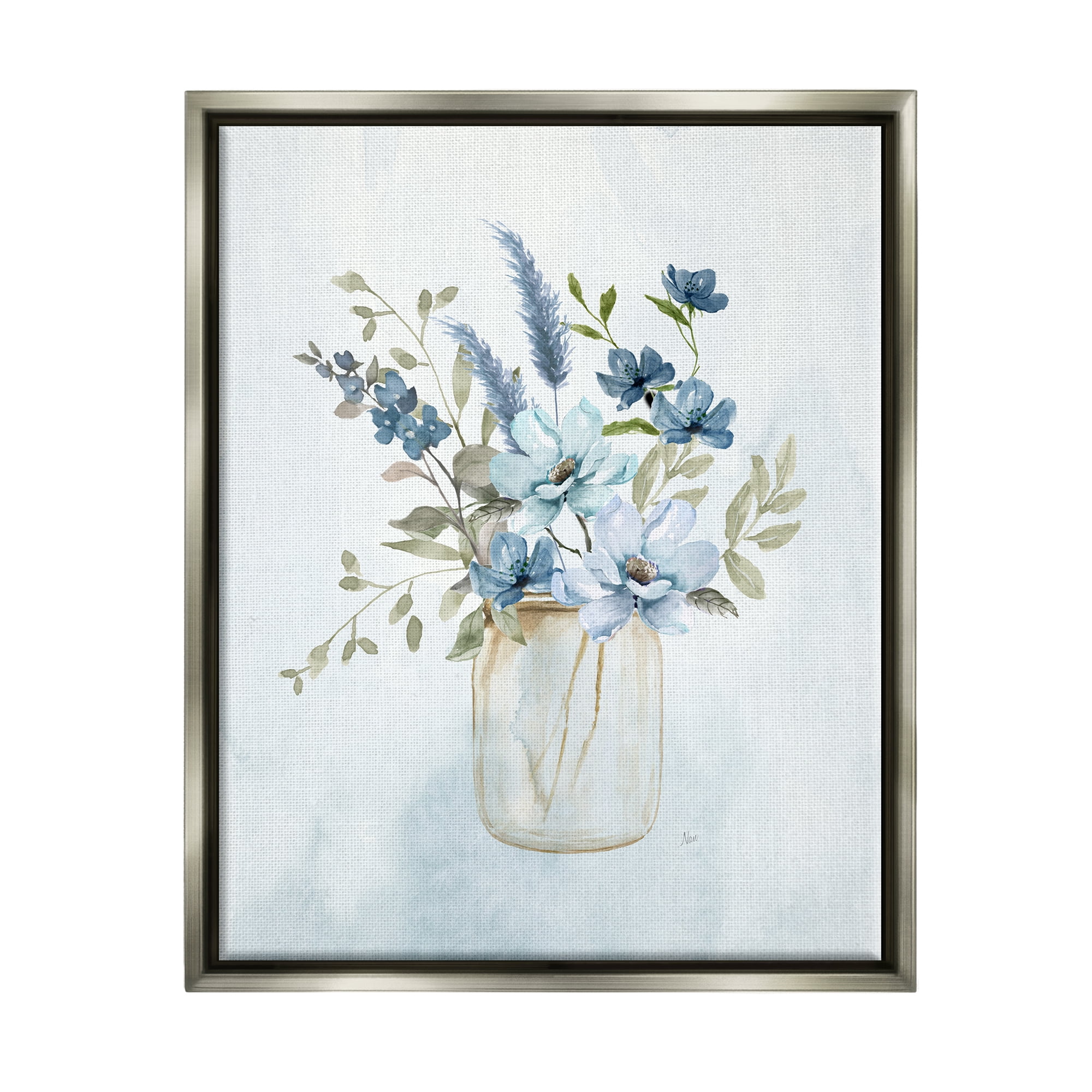 Stupell Industries Floral Blue Bouquet Botanical & Floral Painting Gray Floater Framed Canvas Art Print Wall Art, 17 x 21