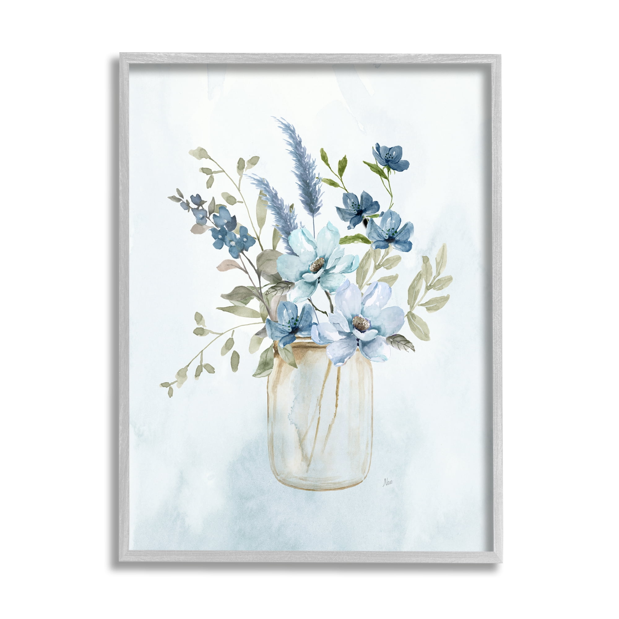 Stupell Industries Floral Blue Bouquet Botanical & Floral Painting Gray Framed Art Print Wall Art, 24 x 30