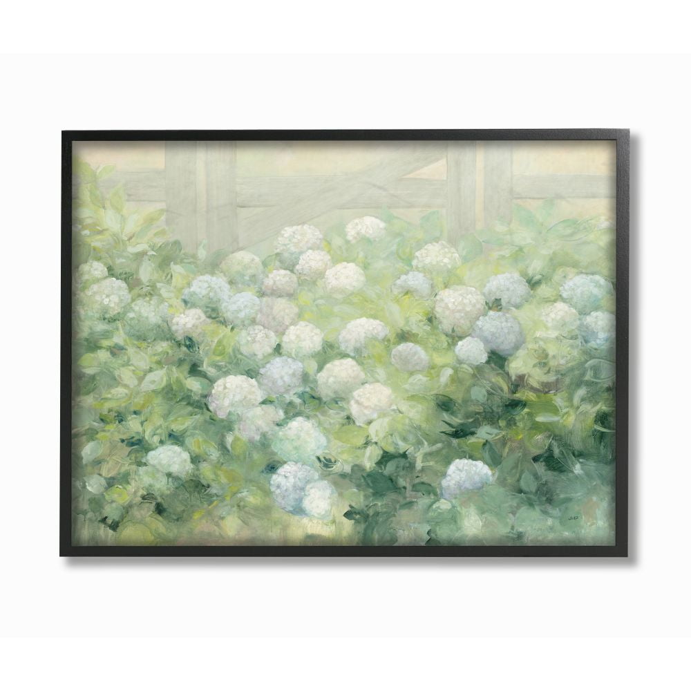 Floral Blue and White Hydrangea Garden Canvas Print with Black Frame