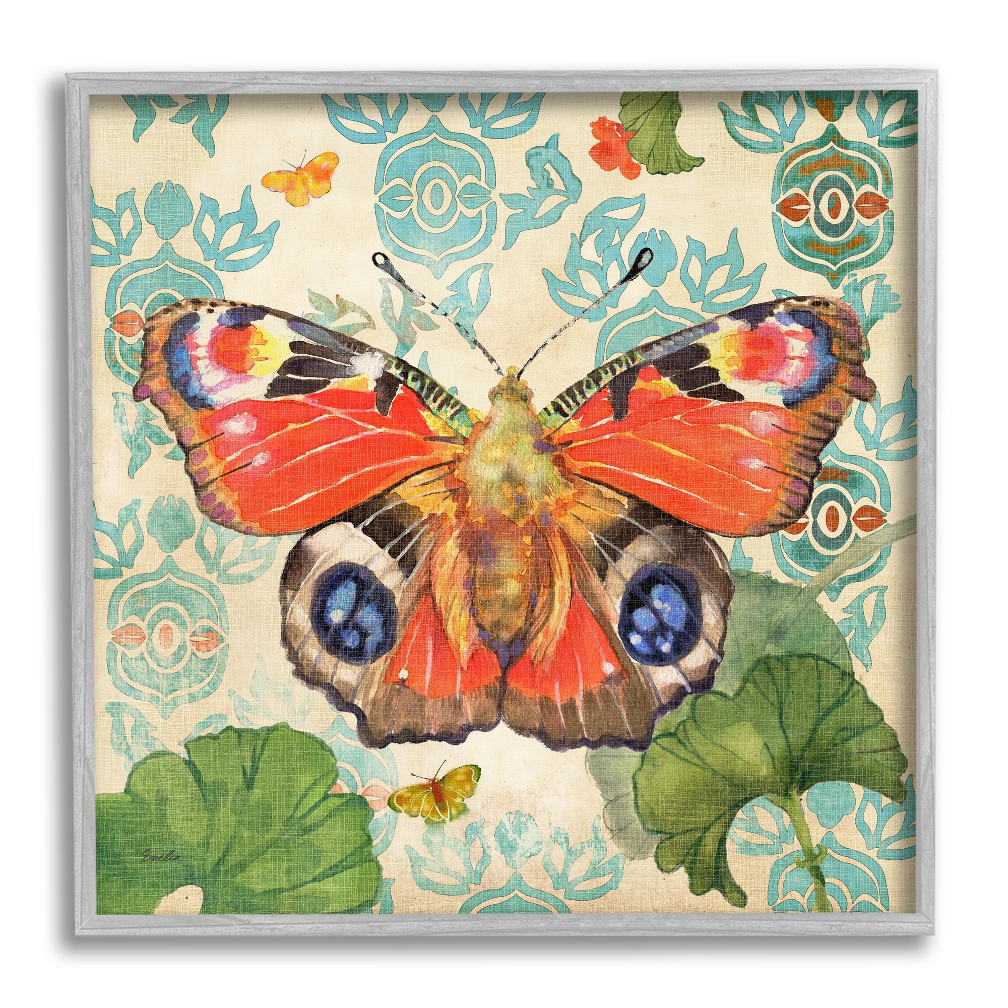 Stupell Industries Floral Boho Butterfly Animals & Insects Painting Gray Framed Art Print Wall Art, 12 x 12