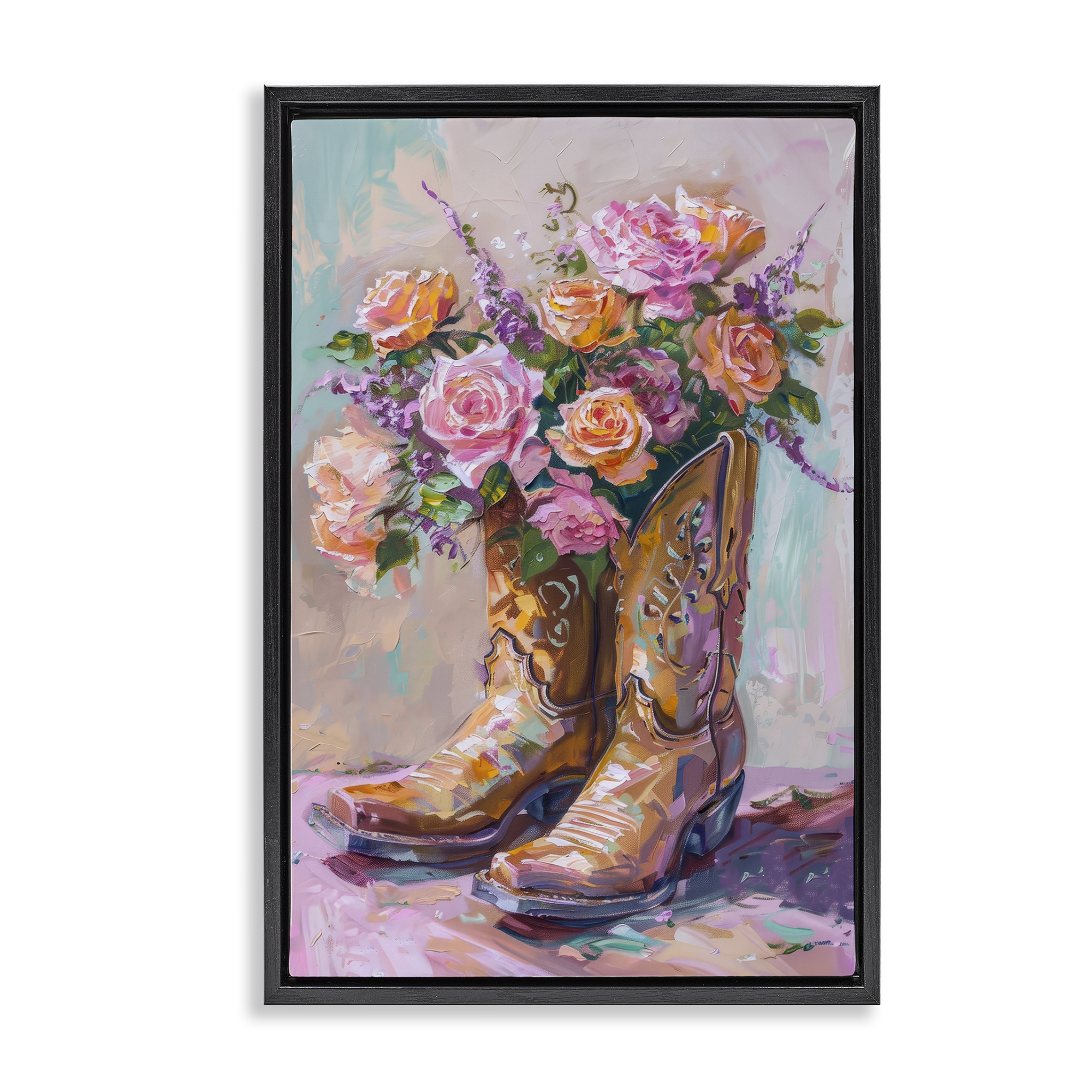 Stupell Industries Floral Boots Bouquet Plants & Flowers Painting Black Floater Framed Canvas Art Print Wall Art, 21 x 31