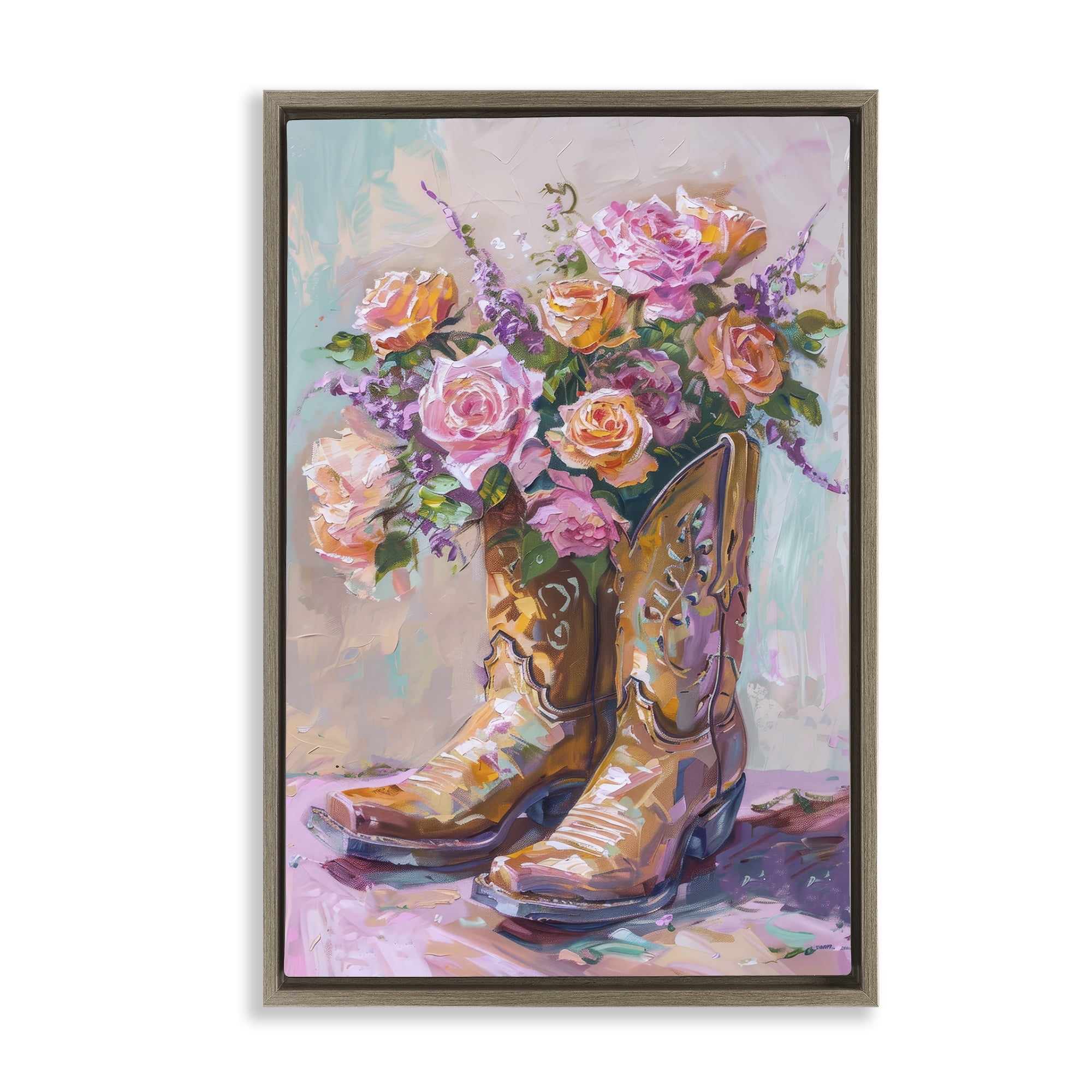 Stupell Industries Floral Boots Bouquet Plants & Flowers Painting Brown Floater Framed Canvas Art Print Wall Art, 17 x 25