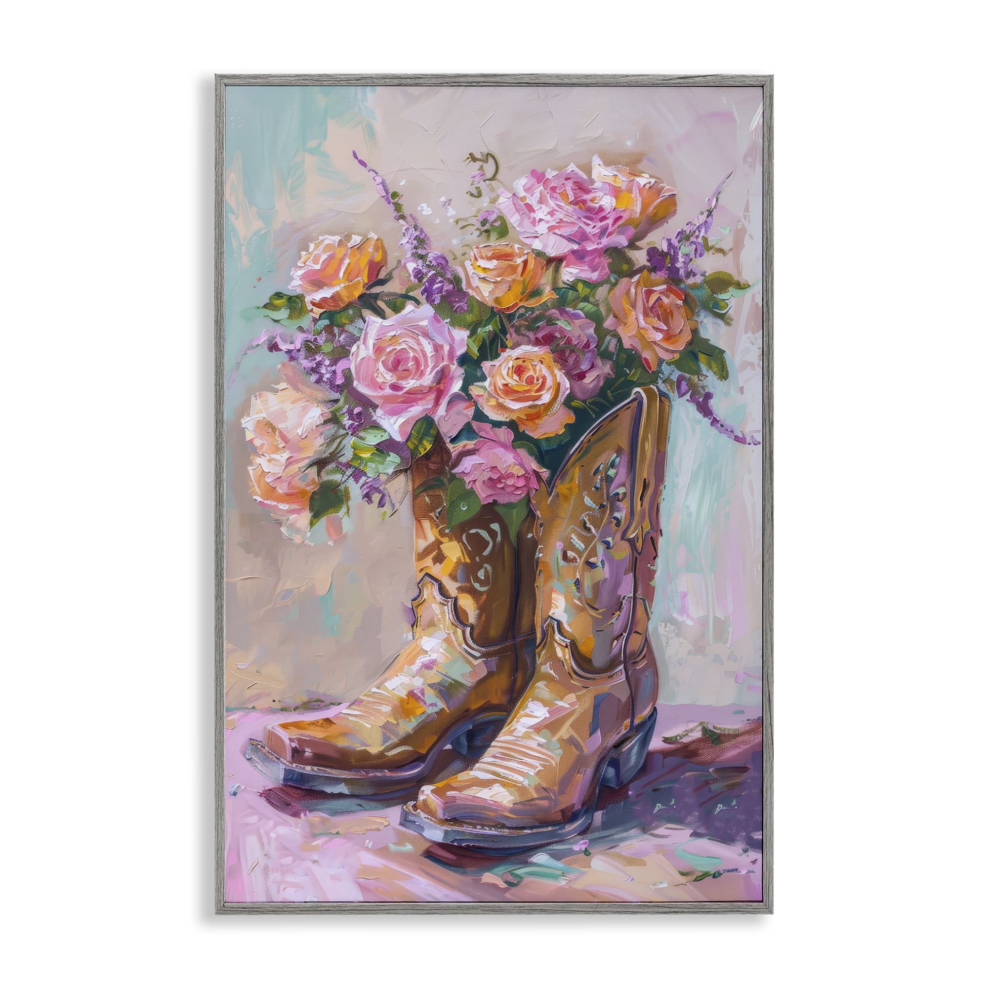 Stupell Industries Floral Boots Bouquet Plants & Flowers Painting Gray Framed Art Print Wall Art, 12 x 18