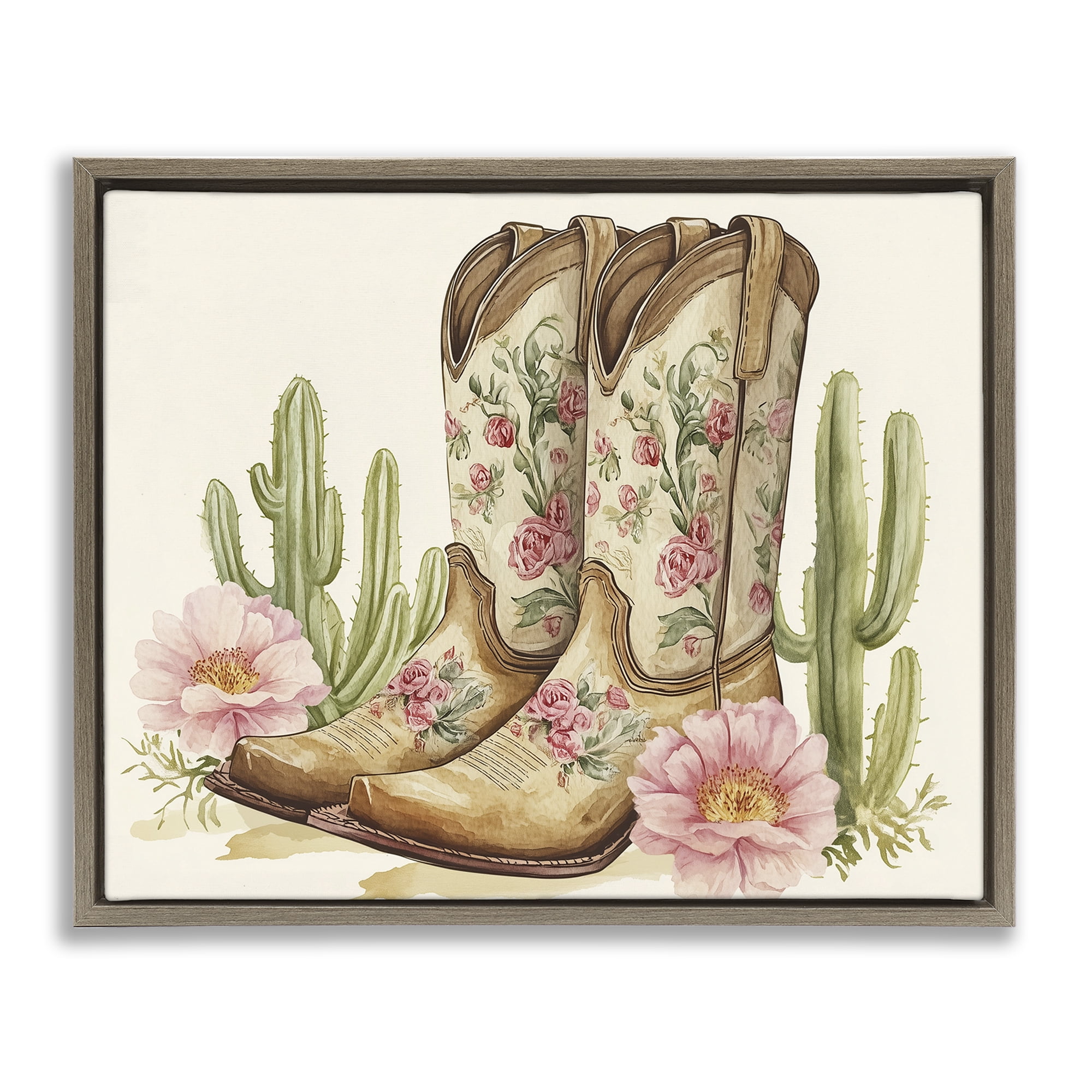 Stupell Industries Floral Boots & Cactuses Brown Framed Floater Canvas Wall Art, design by Heidi Kuntz