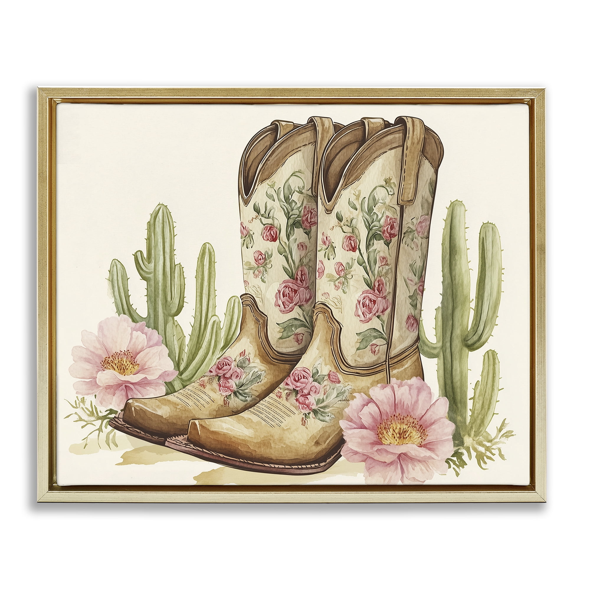 Stupell Industries Floral Boots & Cactuses Gold Framed Floater Canvas Wall Art, design by Heidi Kuntz