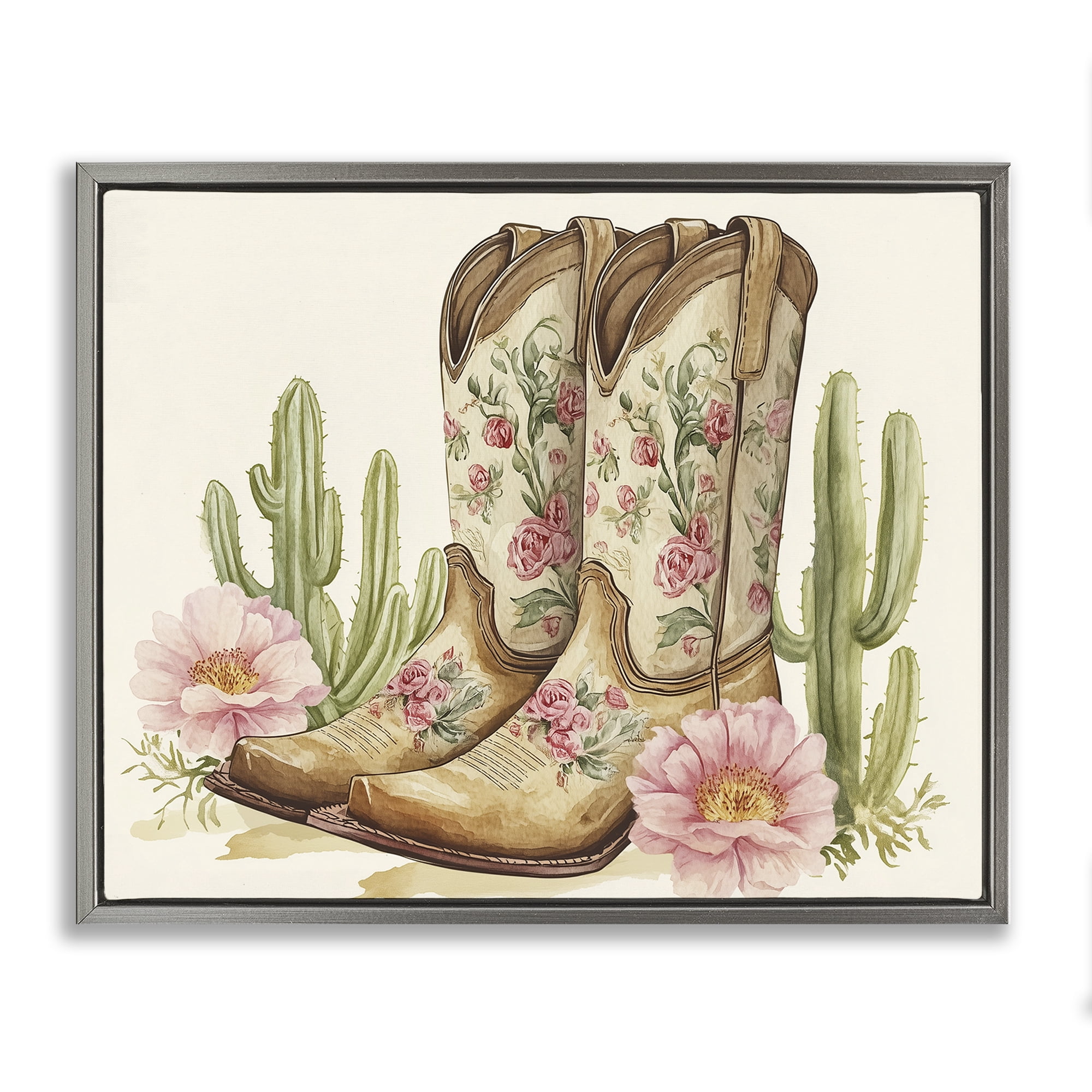 Stupell Industries Floral Boots & Cactuses Gray Framed Floater Canvas Wall Art, design by Heidi Kuntz
