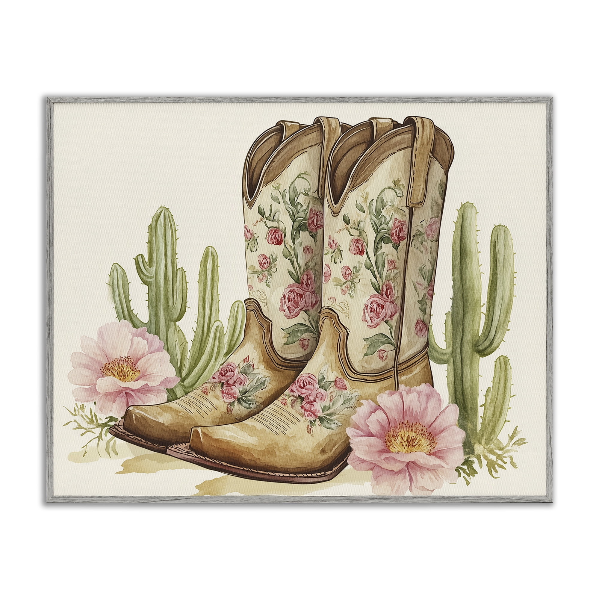 Stupell Industries Floral Boots & Cactuses Gray Framed Giclee Art, design by Heidi Kuntz