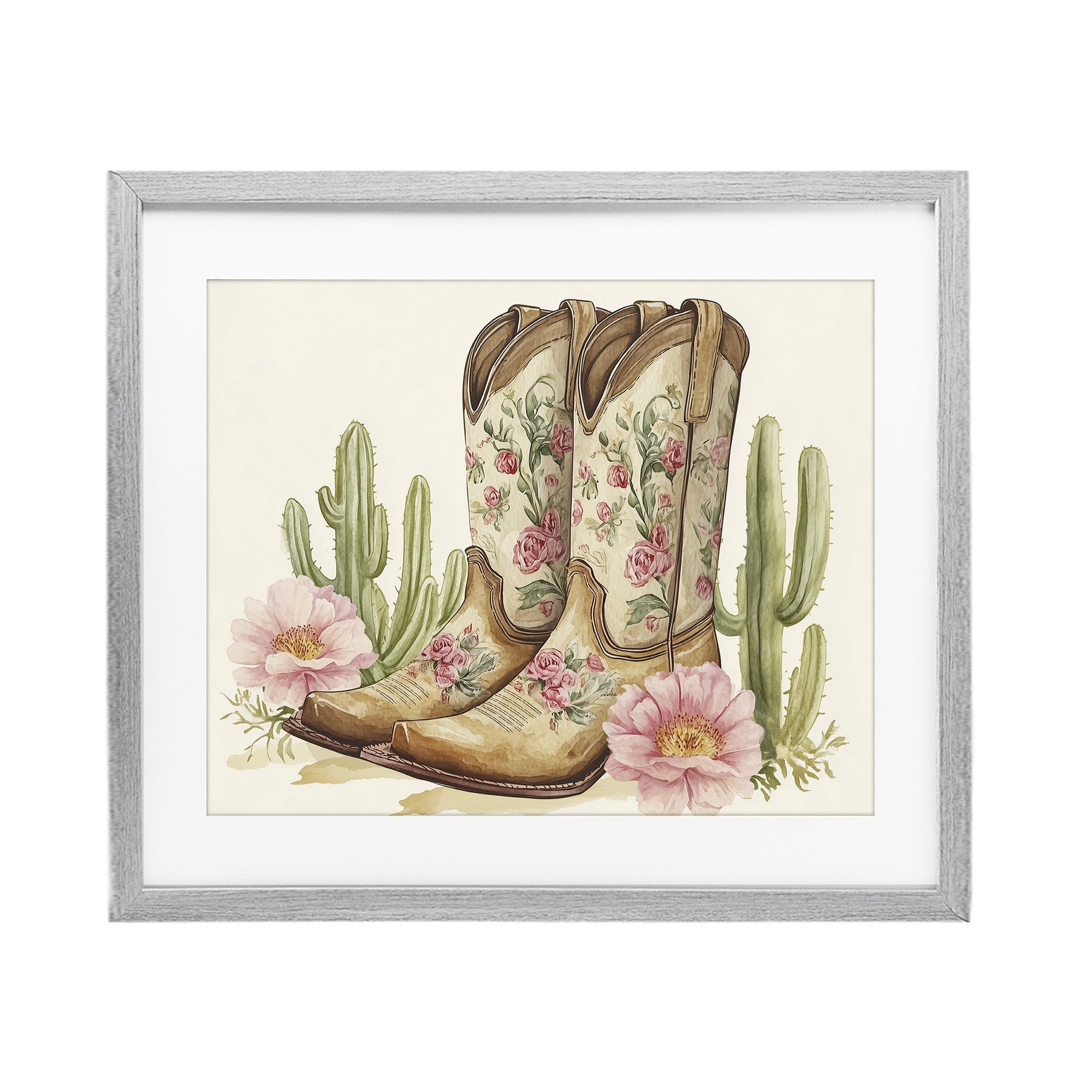 Stupell Industries Floral Boots & Cactuses Gray Framed Print Under Glass, design by Heidi Kuntz