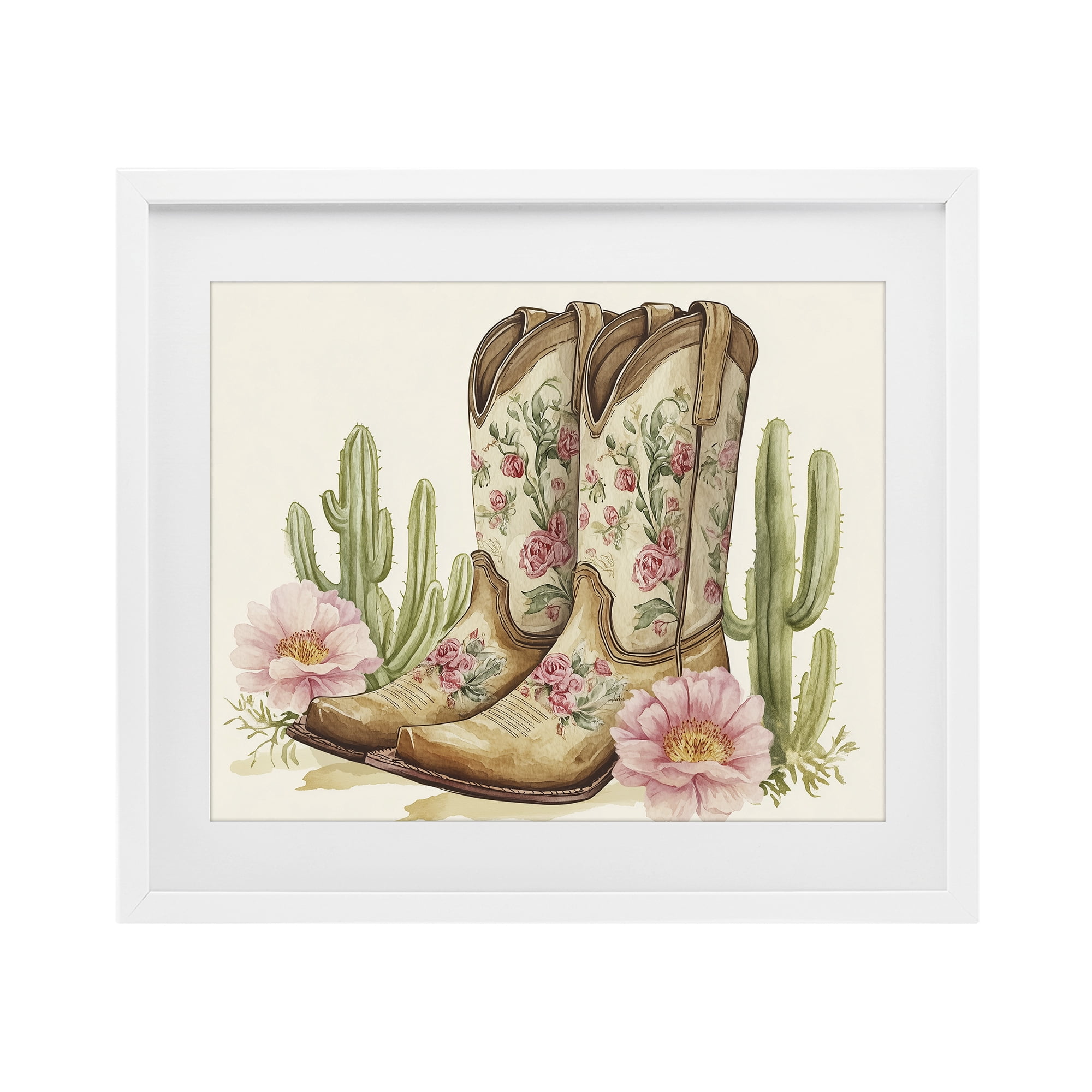 Stupell Industries Floral Boots & Cactuses White Framed Print Under Glass, design by Heidi Kuntz