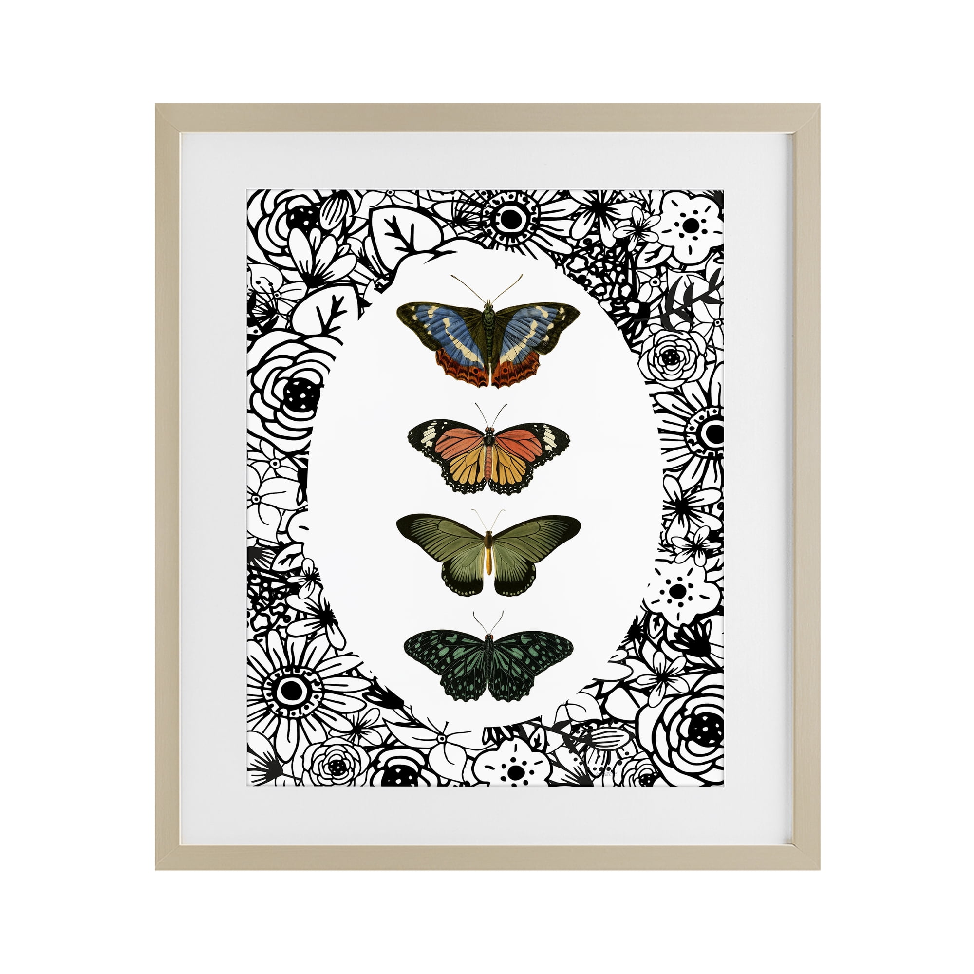 Stupell Industries Floral Border Butterfly Lineup Birch Framed Print Under Glass, design by Dan Meneely