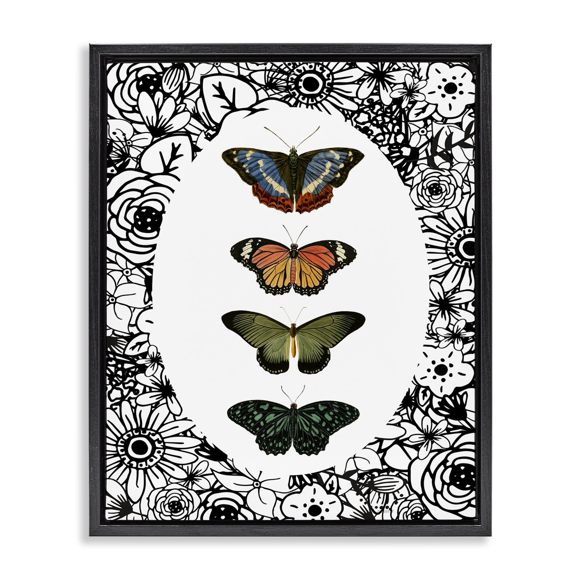 Stupell Industries Floral Border Butterfly Lineup Black Framed Floater Canvas Wall Art, design by Dan Meneely
