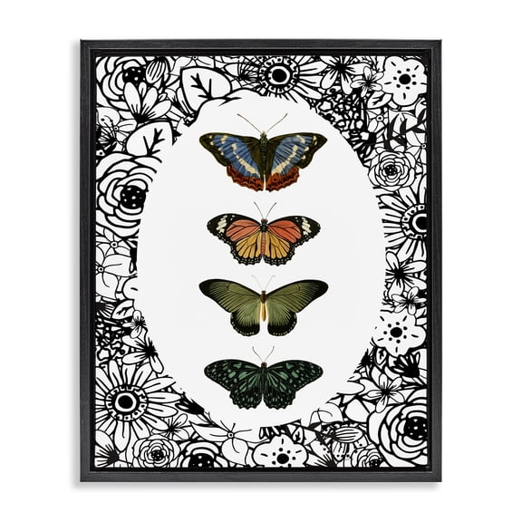 Stupell Industries Floral Border Butterfly Lineup Black Framed Floater Canvas Wall Art, design by Dan Meneely