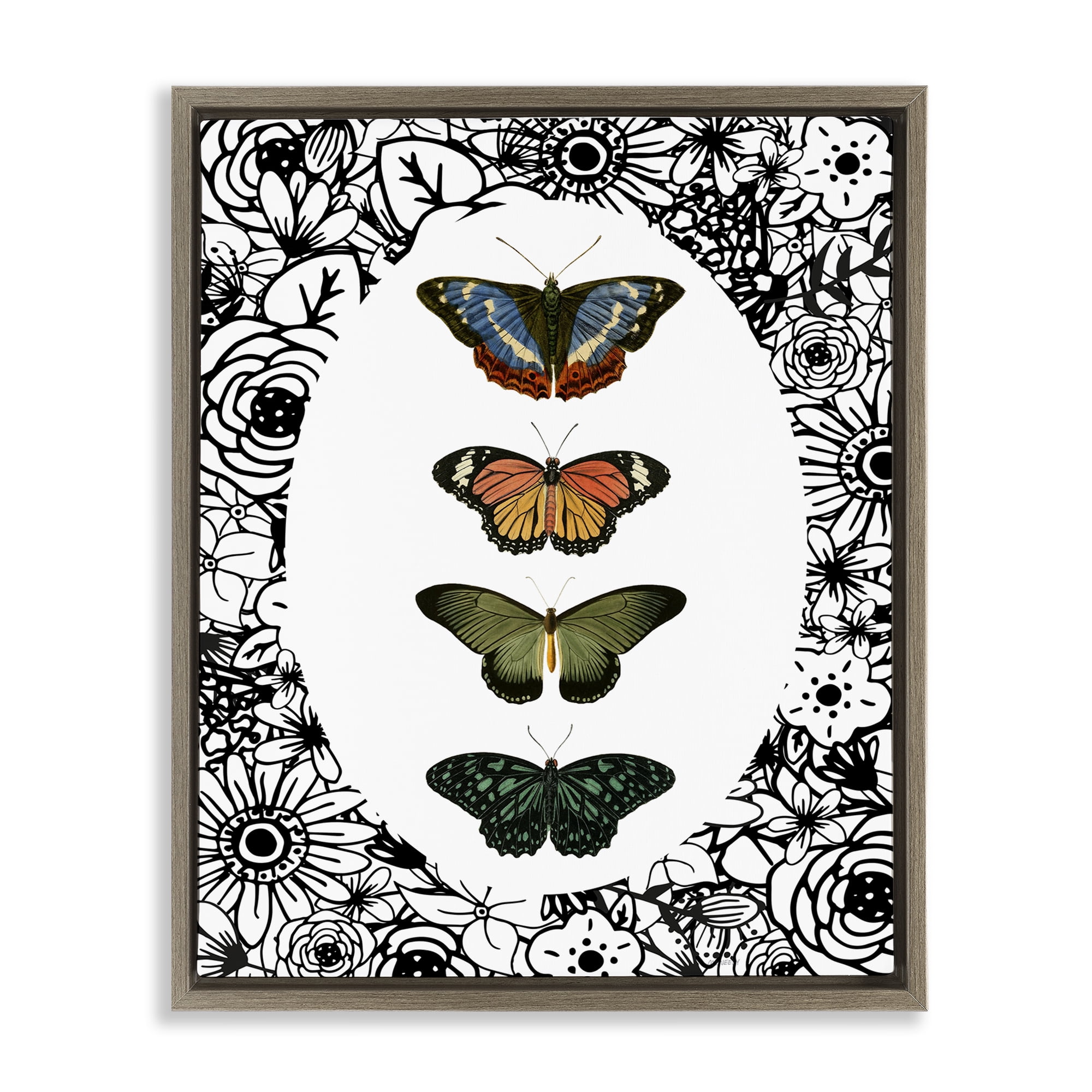 Stupell Industries Floral Border Butterfly Lineup Brown Framed Floater Canvas Wall Art, design by Dan Meneely