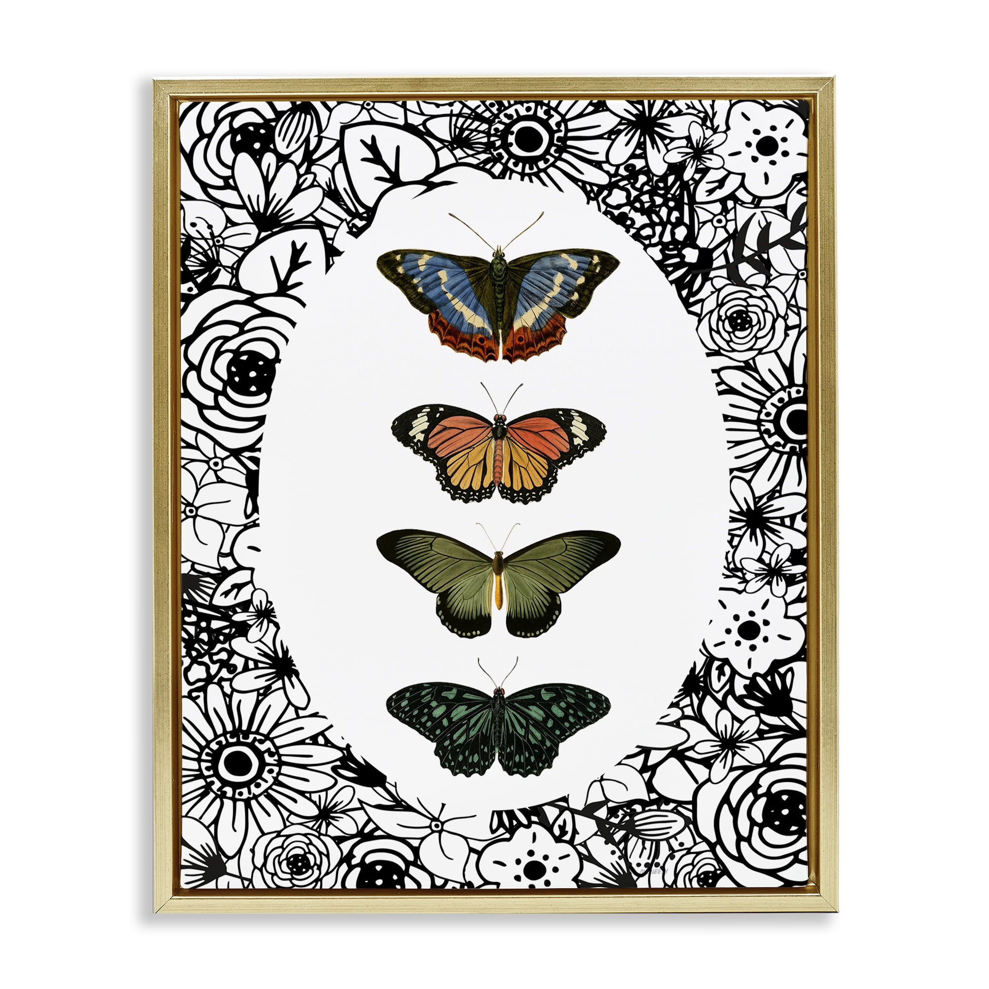 Stupell Industries Floral Border Butterfly Lineup Gold Framed Floater Canvas Wall Art, design by Dan Meneely