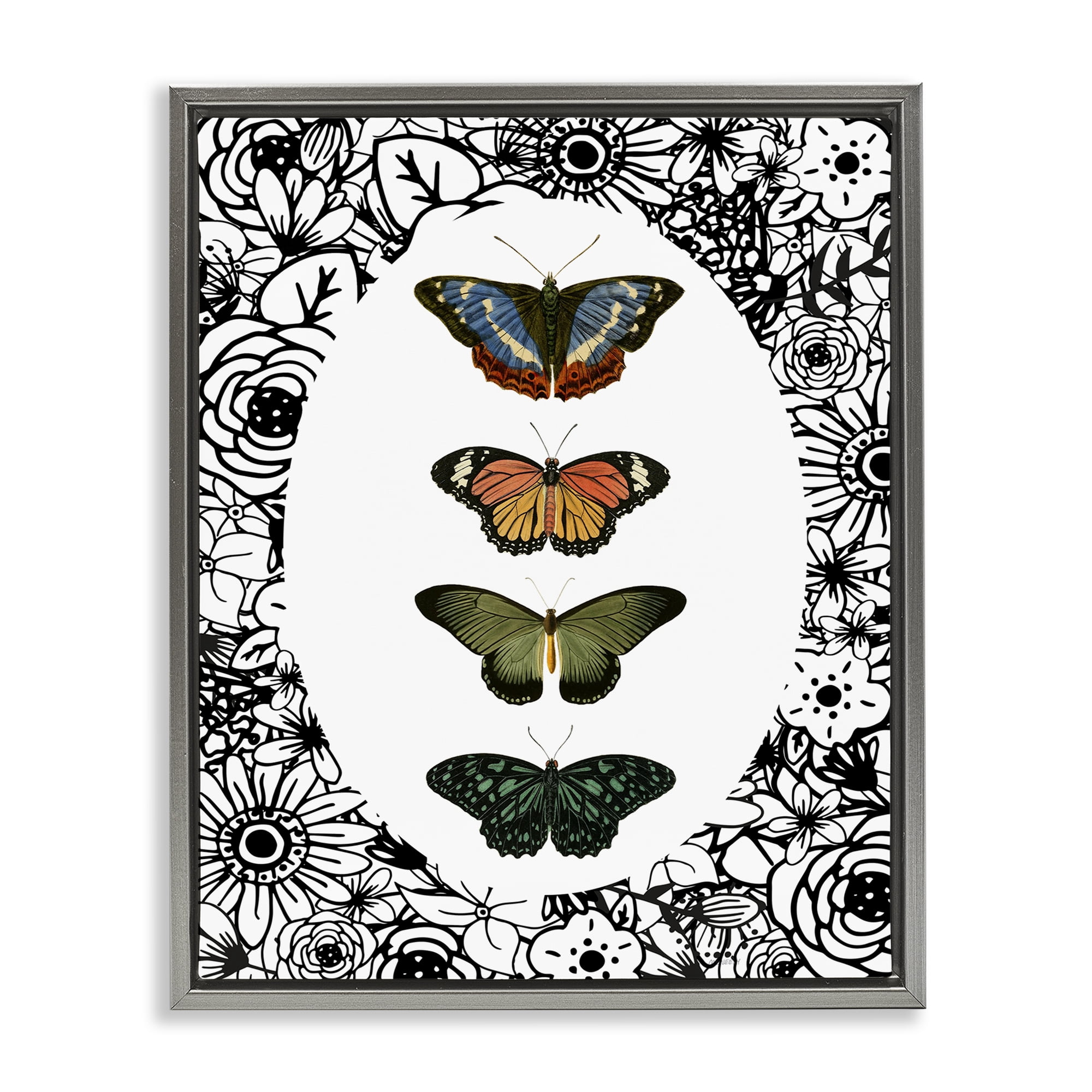 Stupell Industries Floral Border Butterfly Lineup Gray Framed Floater Canvas Wall Art, design by Dan Meneely