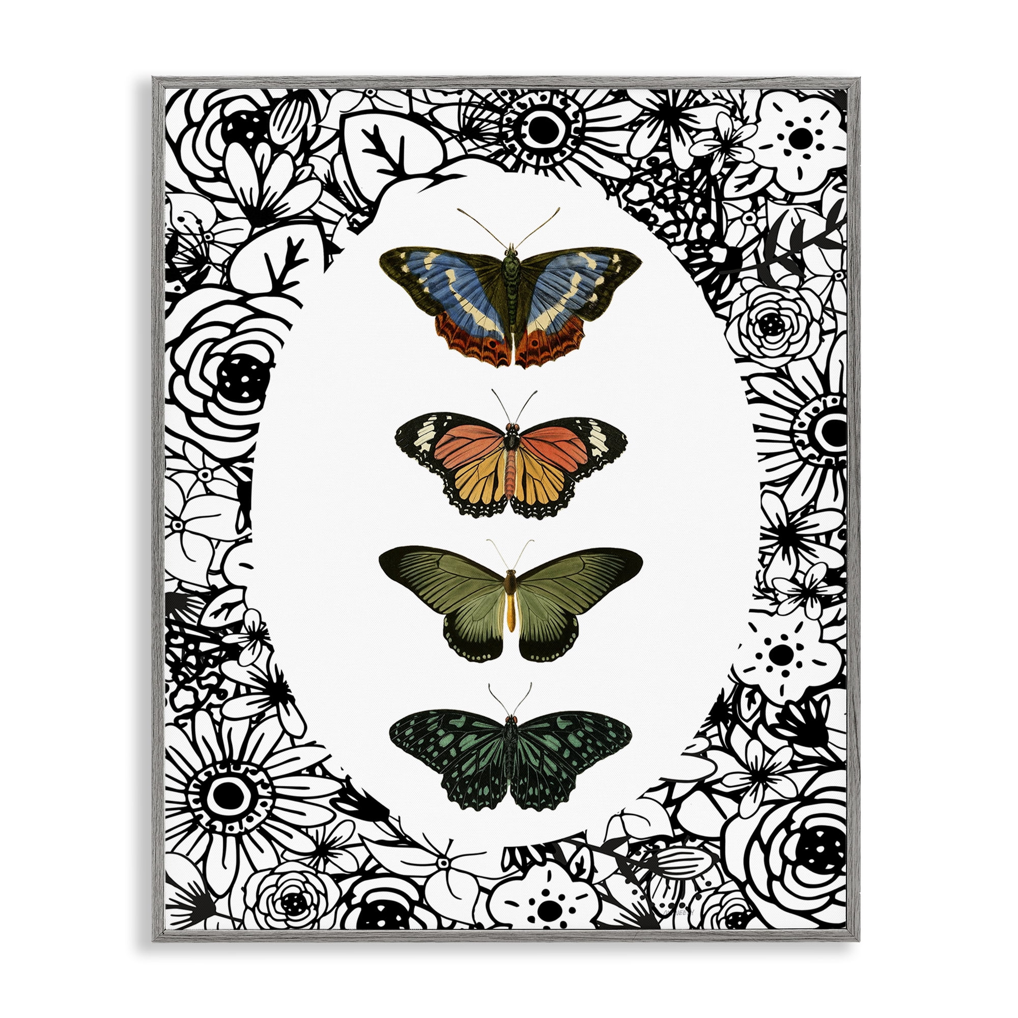Stupell Industries Floral Border Butterfly Lineup Gray Framed Giclee Art, design by Dan Meneely