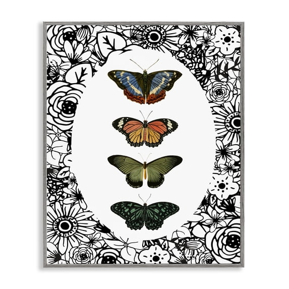 Stupell Industries Traditional Floral Border Butterfly Lineup Gray Framed Giclee Art, 16 x 20, by Dan Meneely