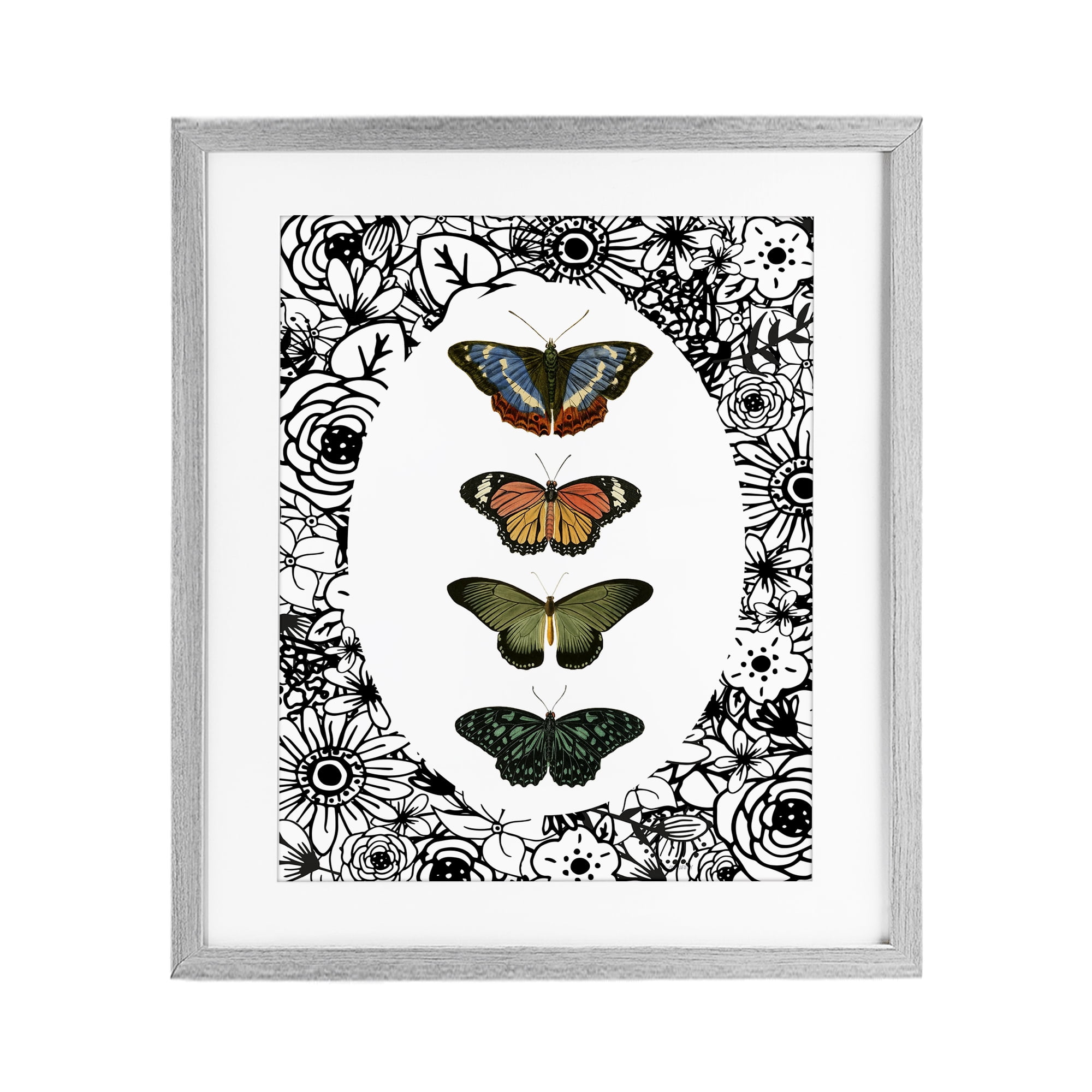 Stupell Industries Floral Border Butterfly Lineup Gray Framed Print Under Glass, design by Dan Meneely