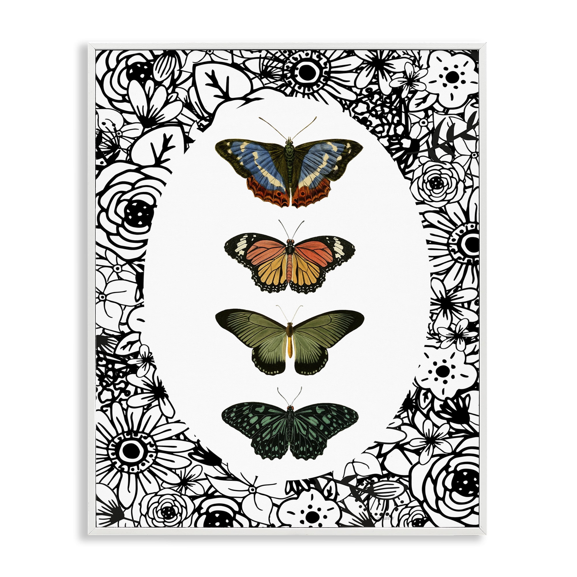 Stupell Industries Floral Border Butterfly Lineup White Framed Giclee Art, design by Dan Meneely