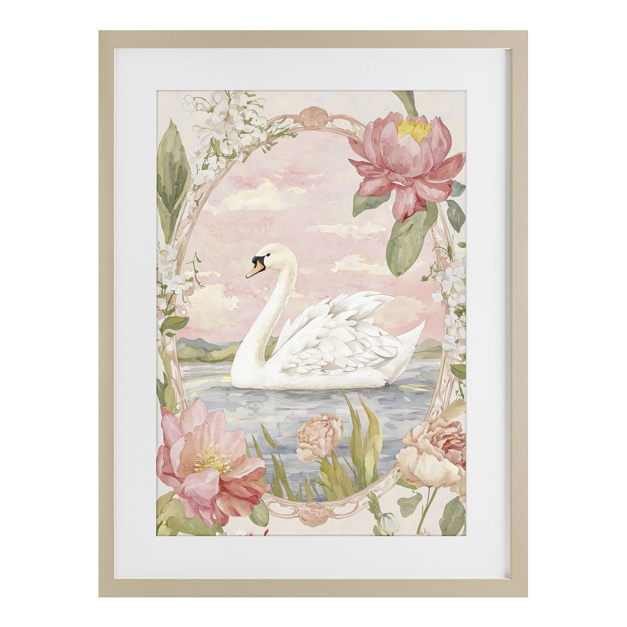 Stupell Industries Floral Border Swan in Bloom Birch Framed Print Under Glass, design by Creative Studio