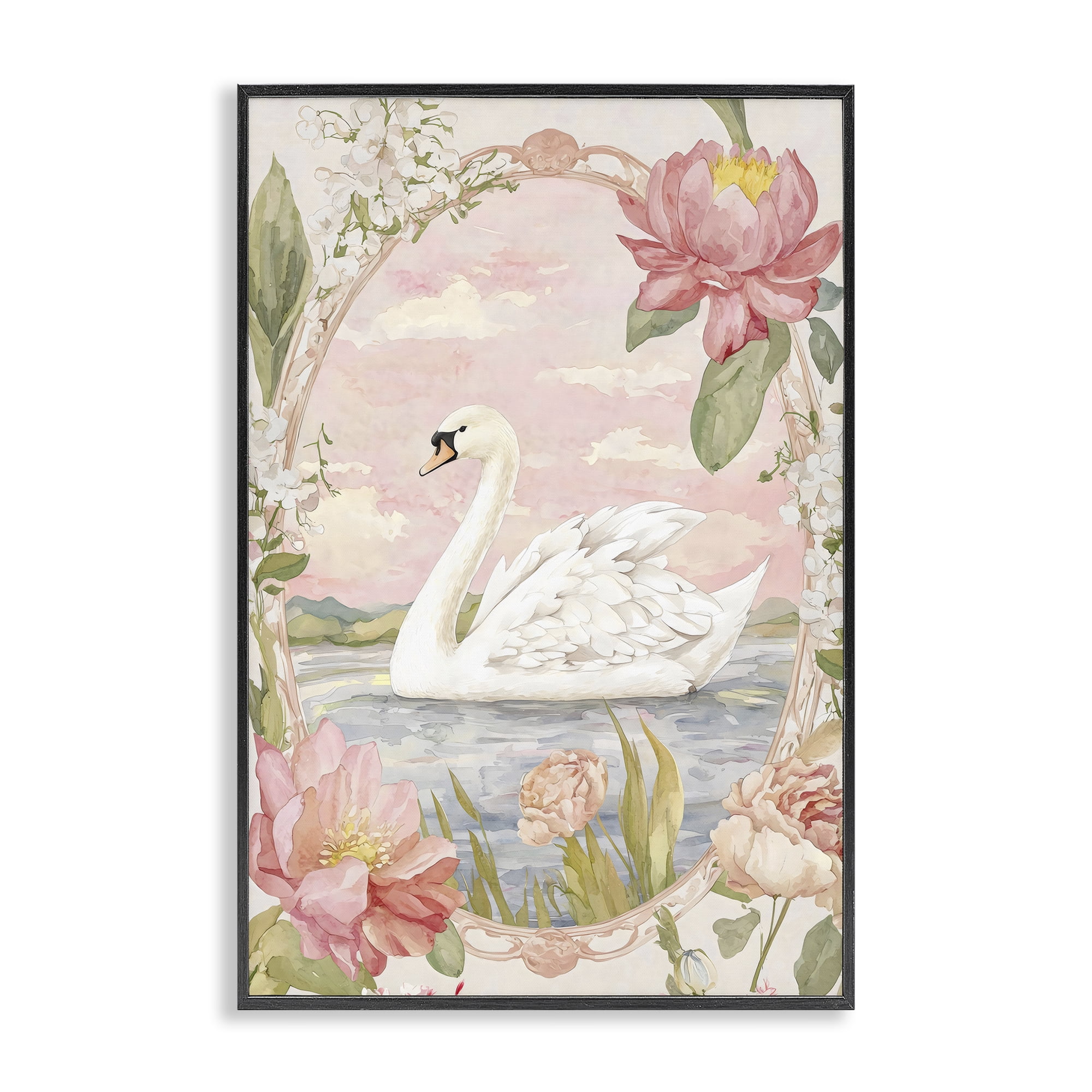 Stupell Industries Floral Border Swan in Bloom Black Framed Giclee Art, design by Creative Studio