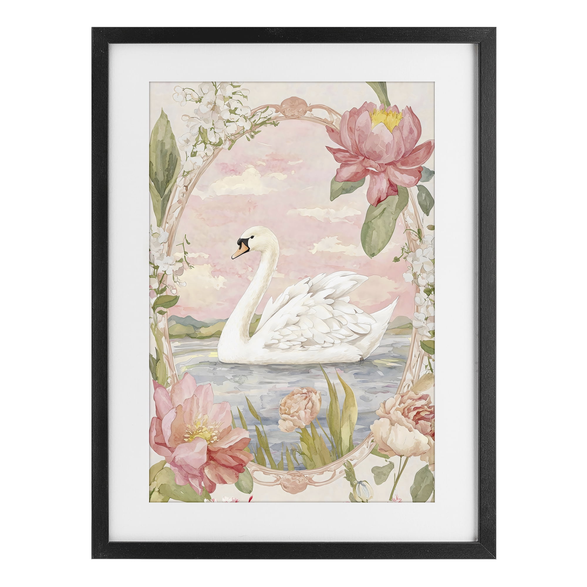 Stupell Industries Floral Border Swan in Bloom Black Framed Print Under Glass, design by Creative Studio