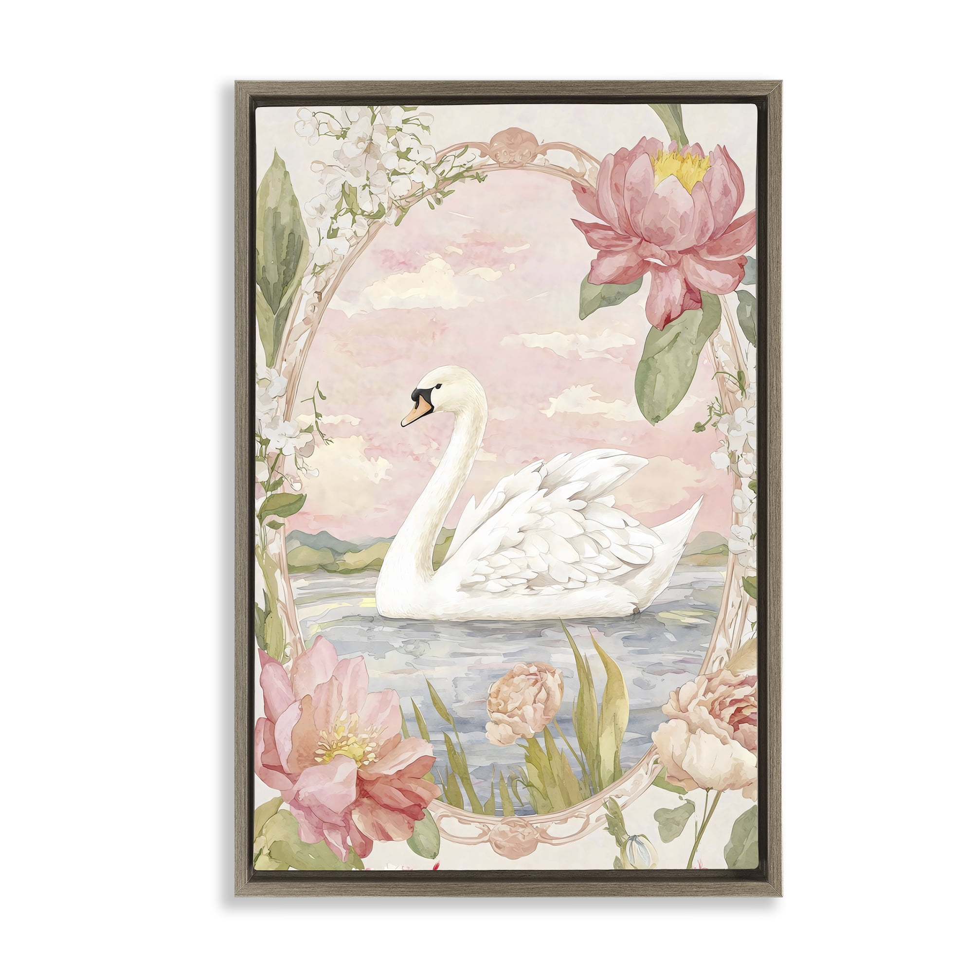 Stupell Industries Floral Border Swan in Bloom Brown Framed Floater Canvas Wall Art, design by Creative Studio
