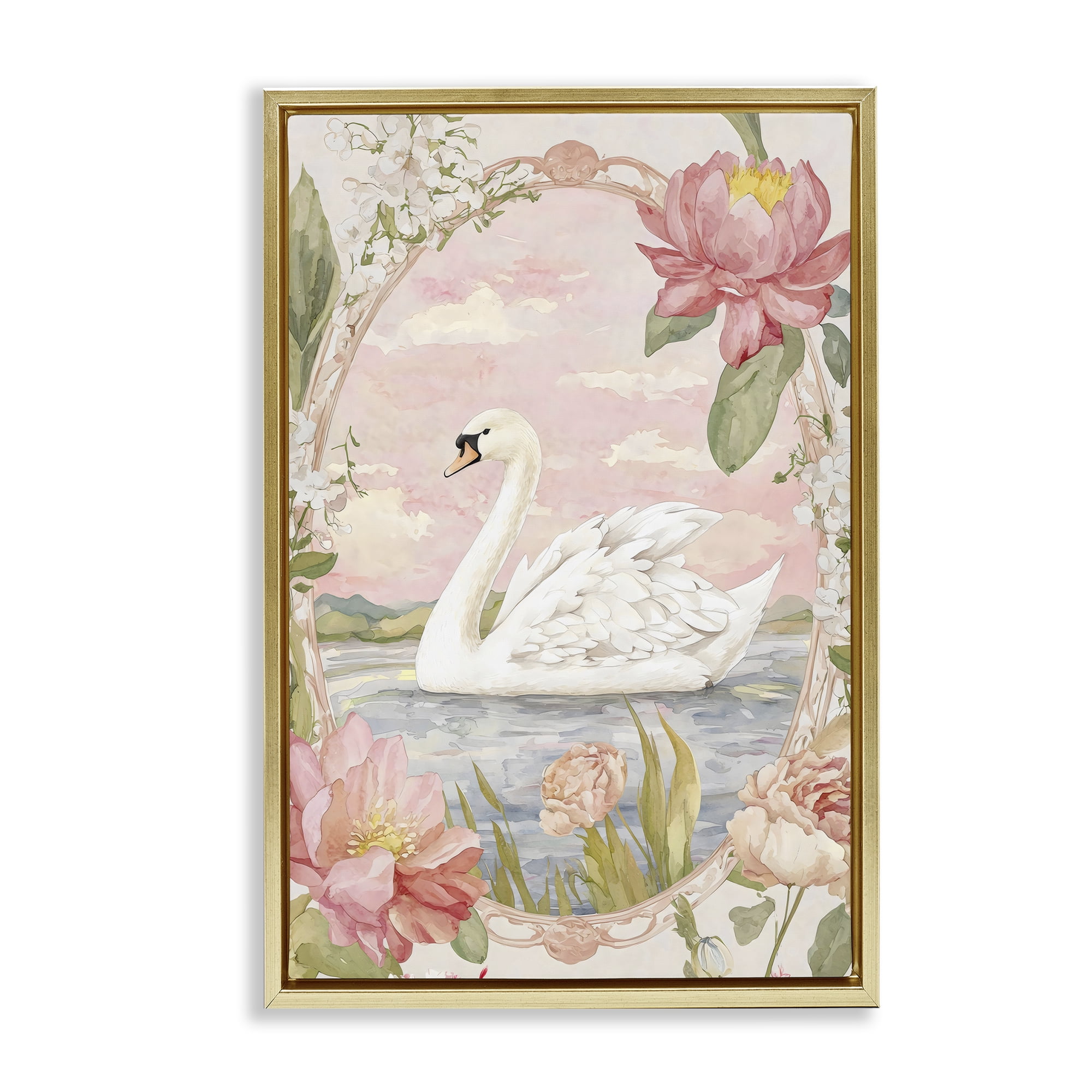 Stupell Industries Floral Border Swan in Bloom Gold Framed Floater Canvas Wall Art, design by Creative Studio