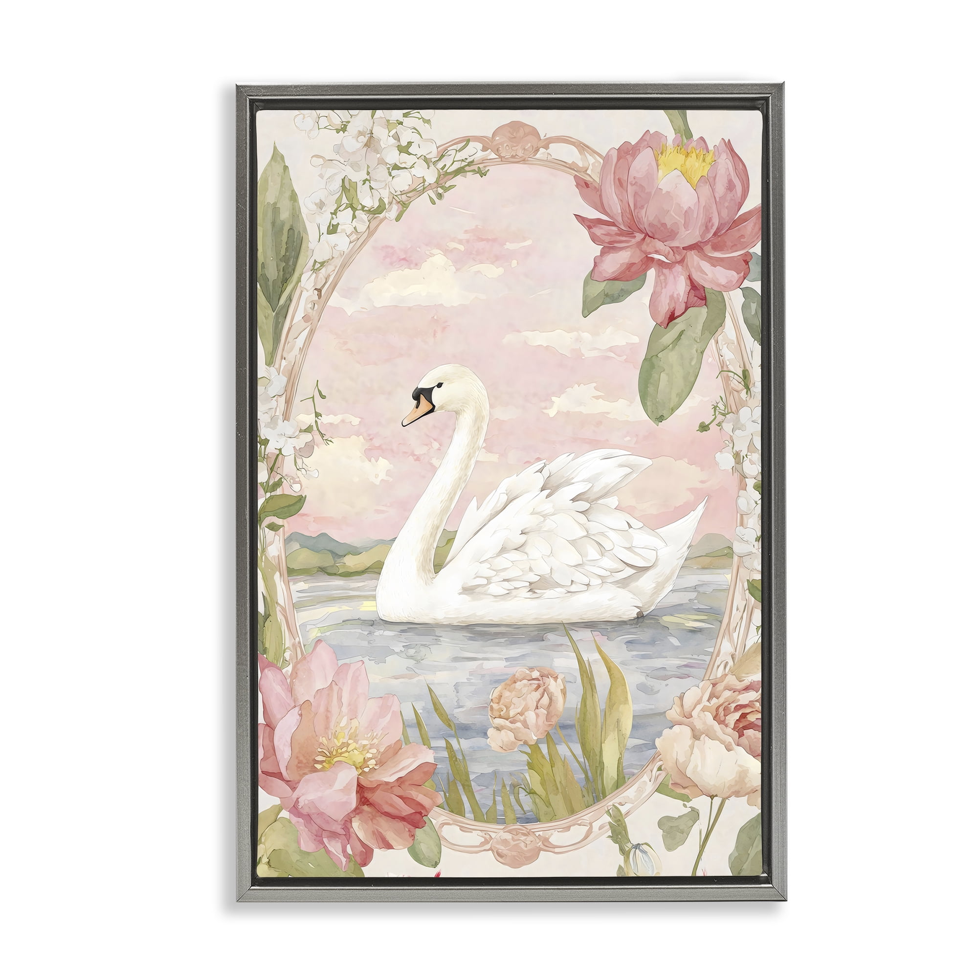 Stupell Industries Floral Border Swan in Bloom Gray Framed Floater Canvas Wall Art, design by Creative Studio