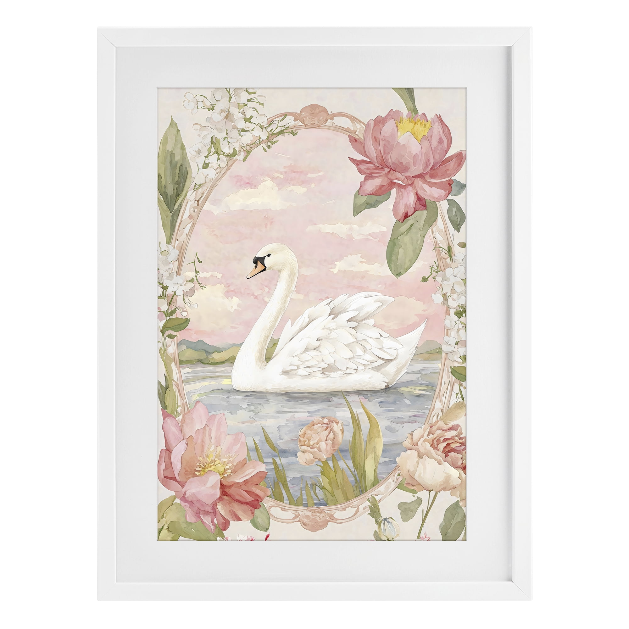 Stupell Industries Floral Border Swan in Bloom White Framed Print Under Glass, design by Creative Studio