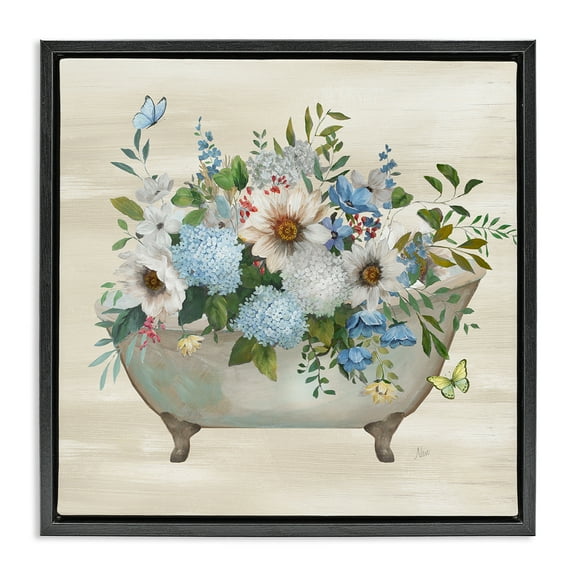 Stupell Industries Floral Bouquet Bathtub Typography Painting Black Floater Framed Canvas Art Print Wall Art, 18 x 18