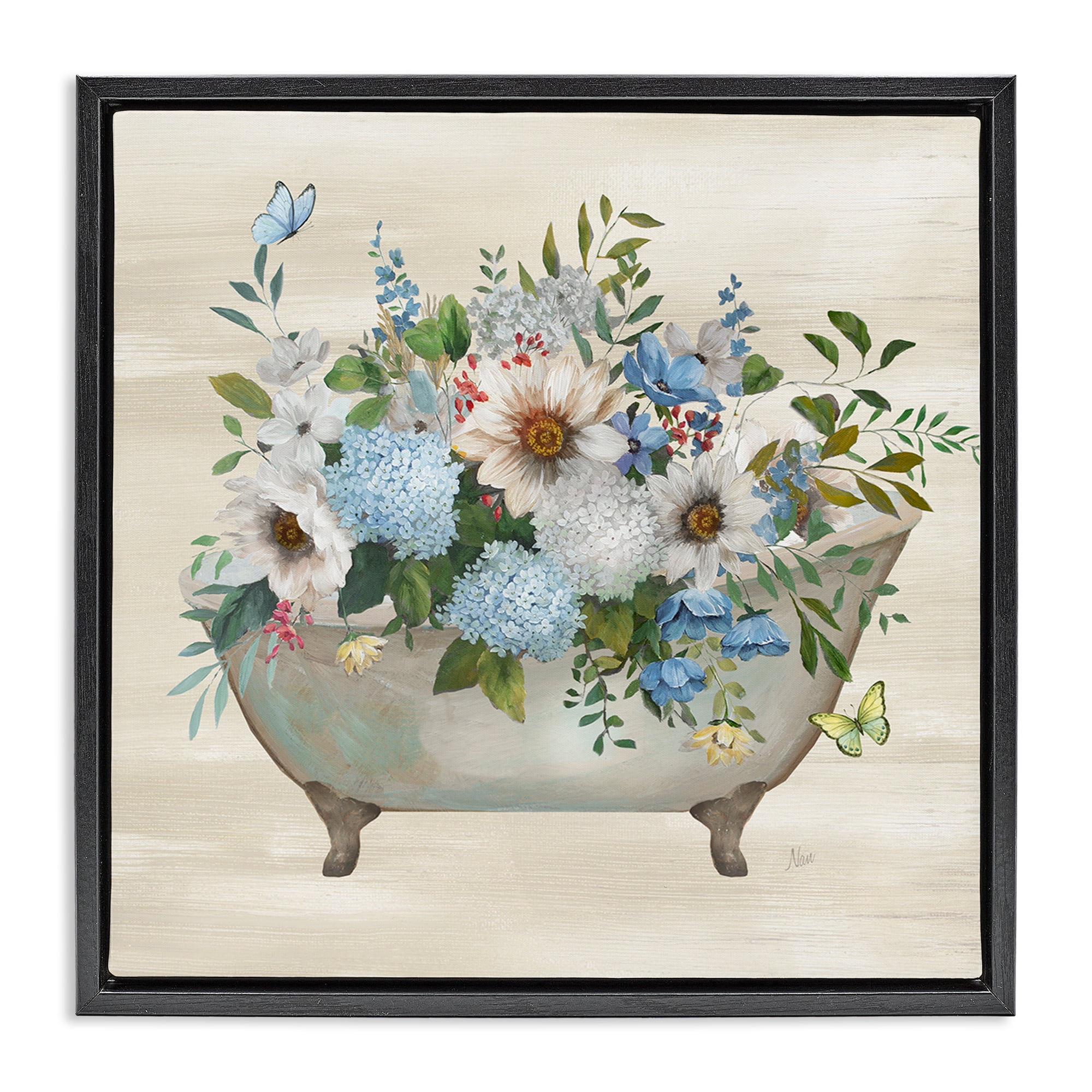 Stupell Industries Floral Bouquet Bathtub Typography Painting Black Floater Framed Canvas Art Print Wall Art, 25 x 25