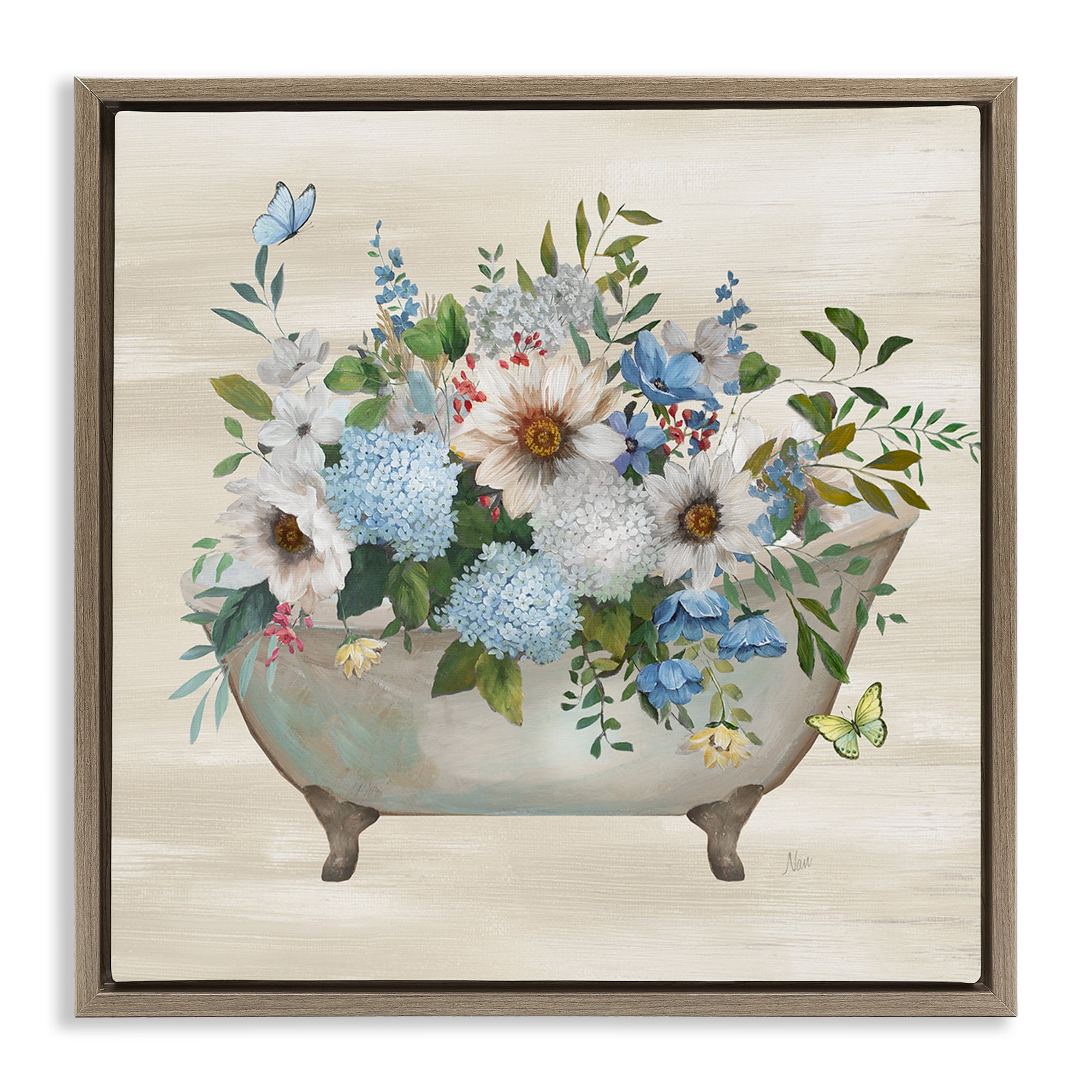 Stupell Industries Floral Bouquet Bathtub Typography Painting Brown Floater Framed Canvas Art Print Wall Art, 18 x 18