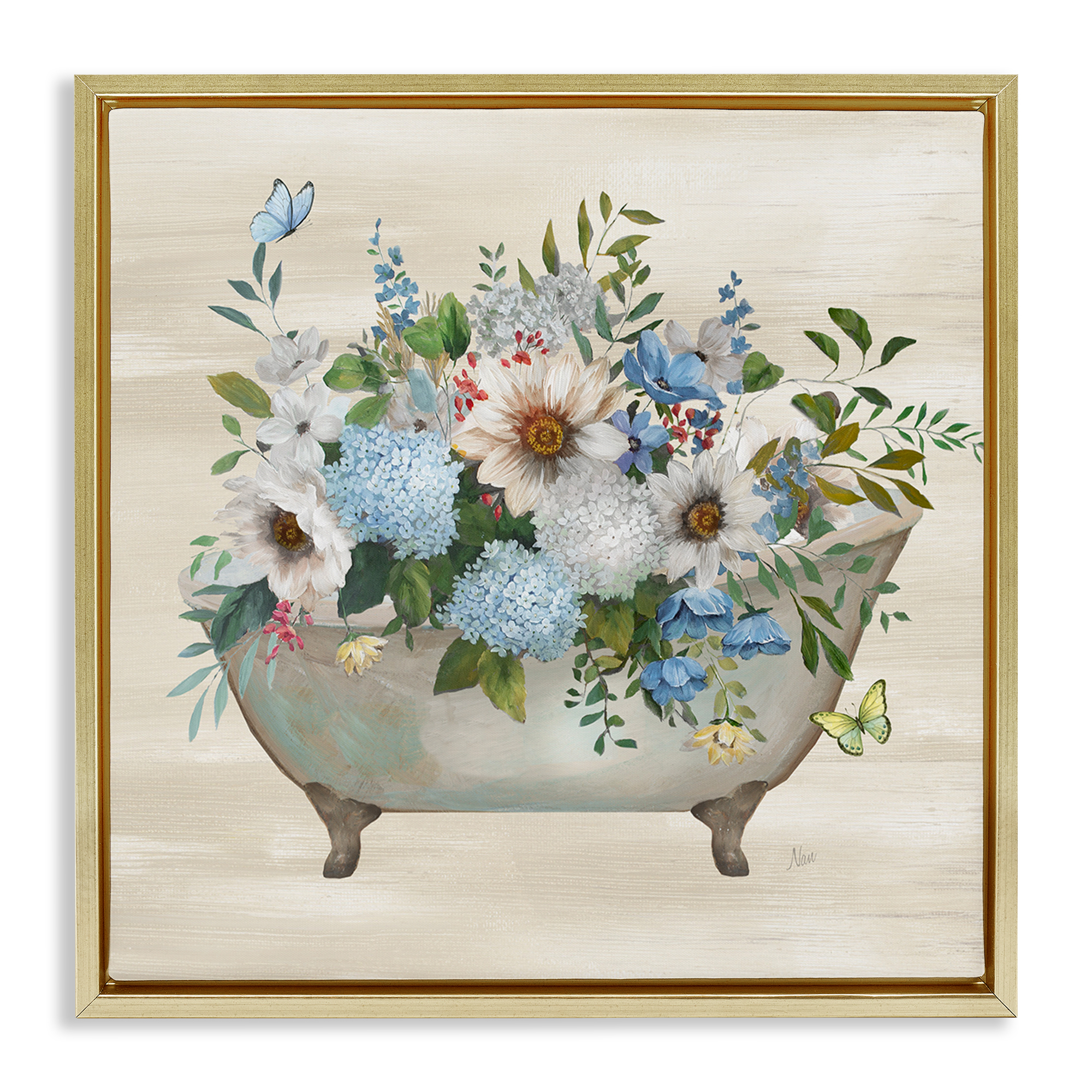 Stupell Industries Floral Bouquet Bathtub Typography Painting Gold Floater Framed Canvas Art Print Wall Art, 18 x 18