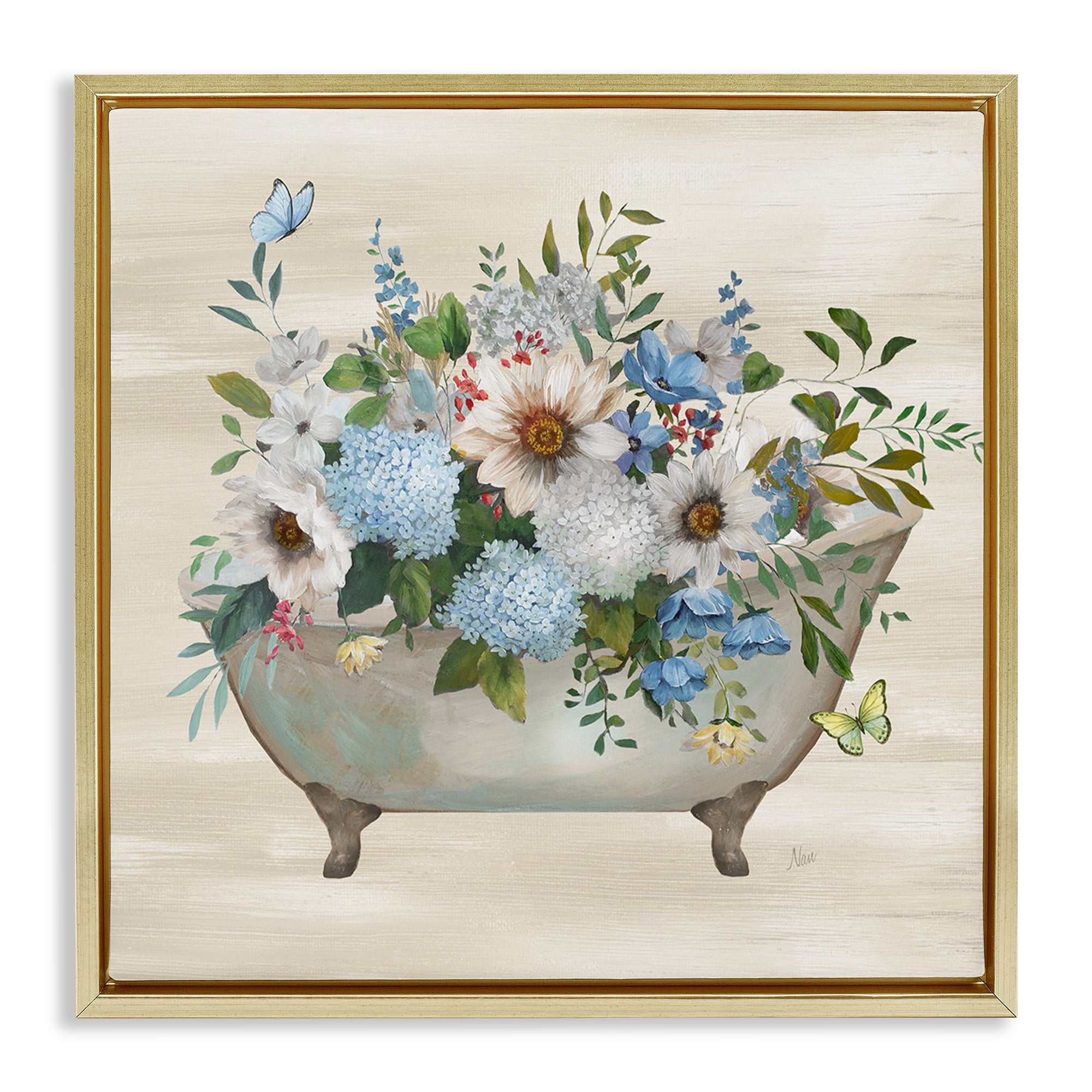 Stupell Industries Floral Bouquet Bathtub Typography Painting Gold Floater Framed Canvas Art Print Wall Art, 25 x 25