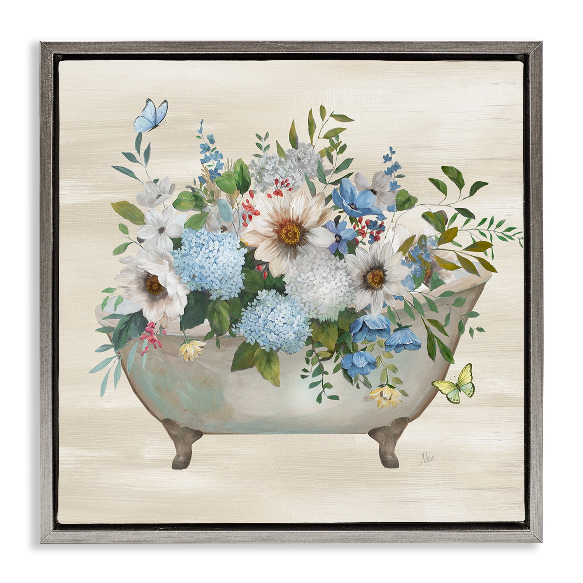 Stupell Industries Floral Bouquet Bathtub Typography Painting Gray Floater Framed Canvas Art Print Wall Art, 18 x 18