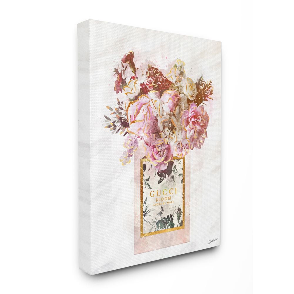 Stupell Industries Floral Bouquet Fashion Style Shopping Bag Pink White Gold Canvas Wall Art Design by Ziwei Li, 24" x 30"