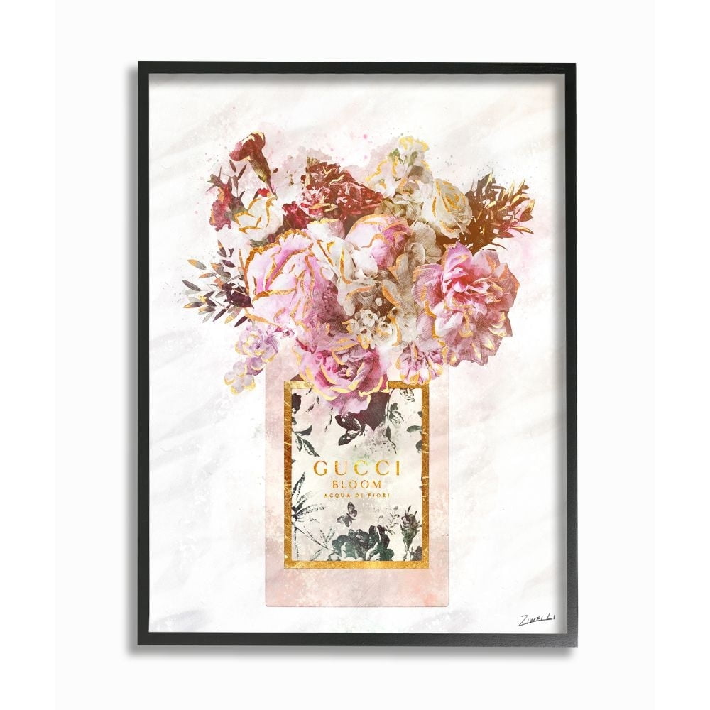 Stupell Industries Floral Bouquet Fashion Style Shopping Bag Pink White Gold Framed Wall Art Design by Ziwei Li, 16" x 20", Black Framed
