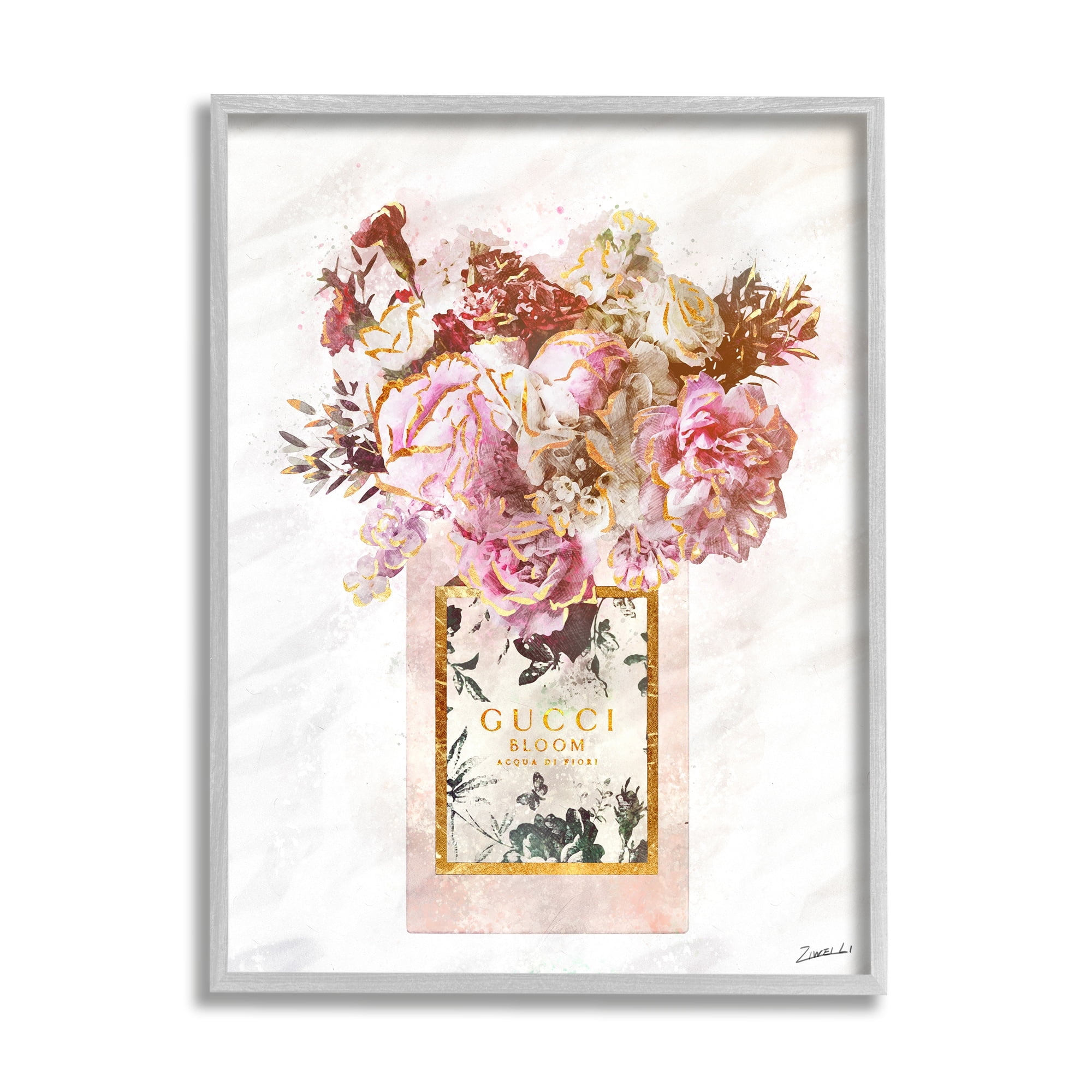 Stupell Industries Floral Bouquet Fashion Style Shopping Bag Pink White Gold Graphic Art Gray Framed Art Print Wall Art, 24x30, by Ziwei Li