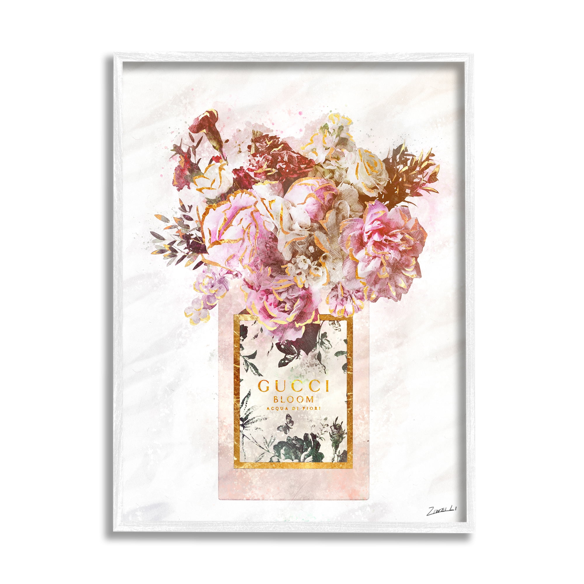 Stupell Industries Floral Bouquet Fashion Style Shopping Bag Pink White Gold Graphic Art White Framed Art Print Wall Art, 11x14, by Ziwei Li