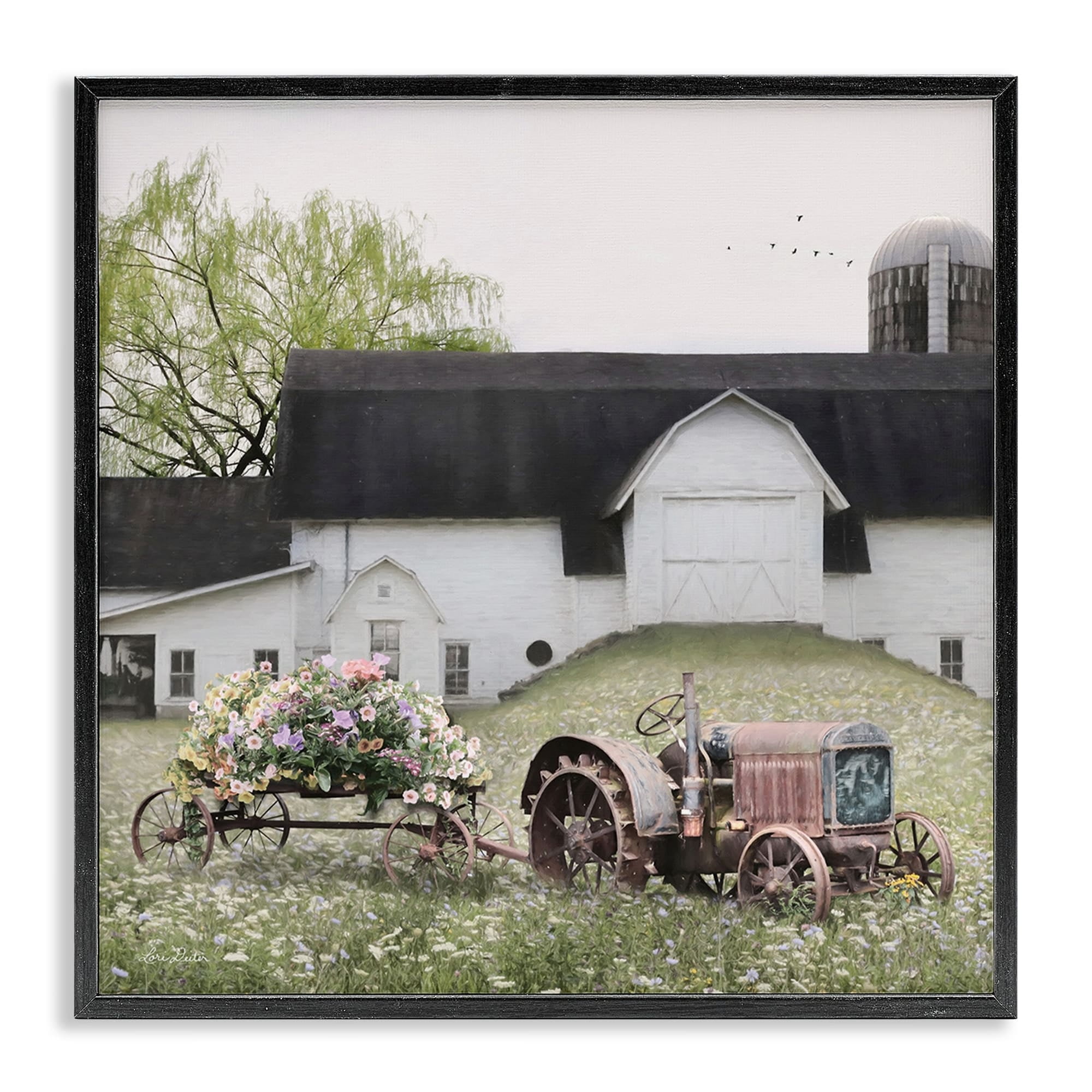 Black Framed Farmhouse Tractor and Flower Field Canvas Print