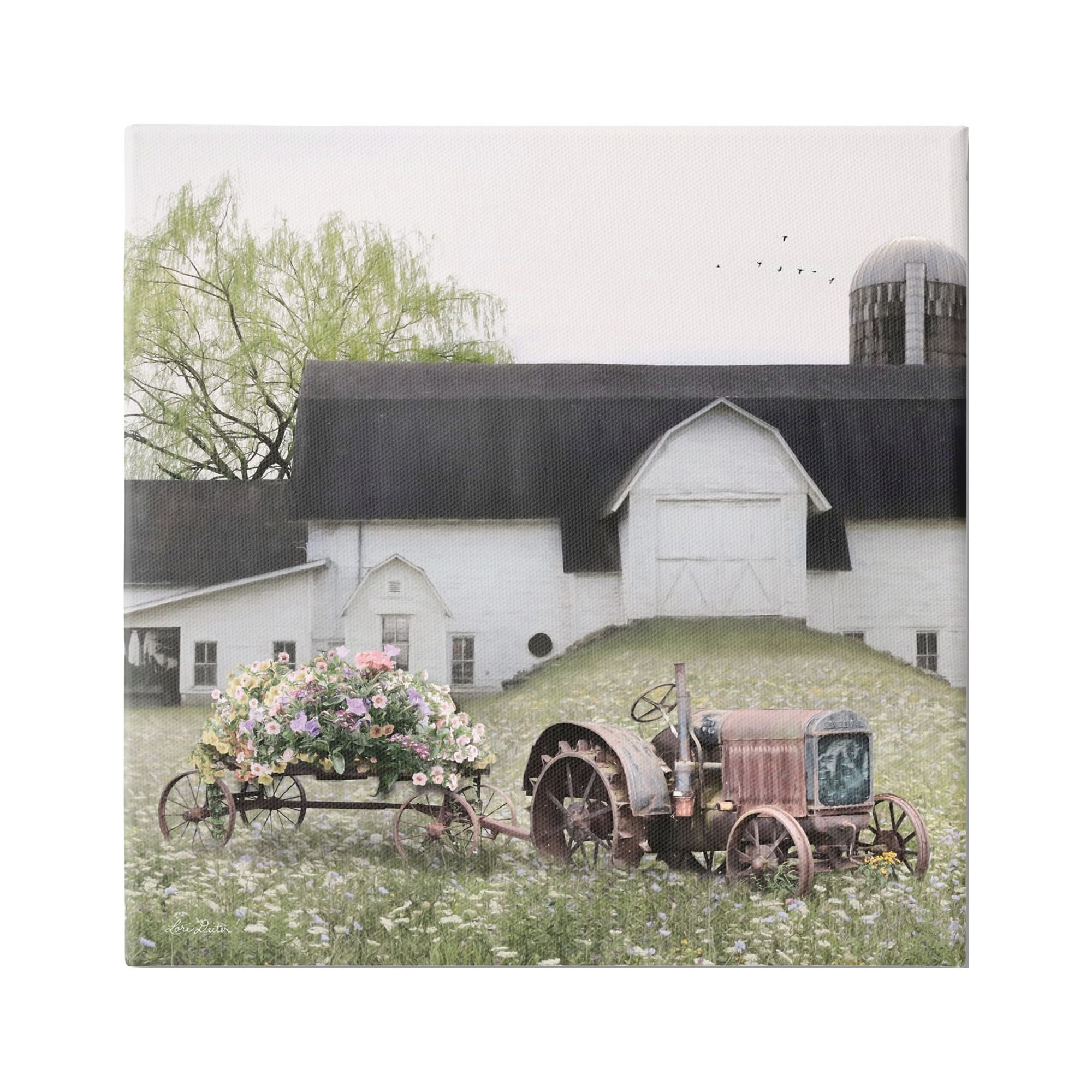 Stupell Industries Floral Bouquet Tractor Flower Field Barn Farmhouse Farmhouse Photography Gallery-Wrapped Canvas Print Wall Art, 17 x 17, Design by Lori Deiter
