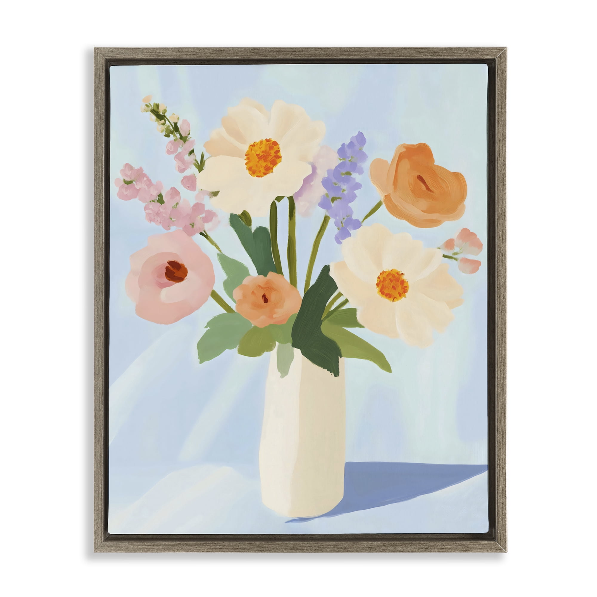 Stupell Industries Floral Bouquet in Sleek White Vase Brown Framed Floater Canvas Wall Art, design by The Prints Vibe